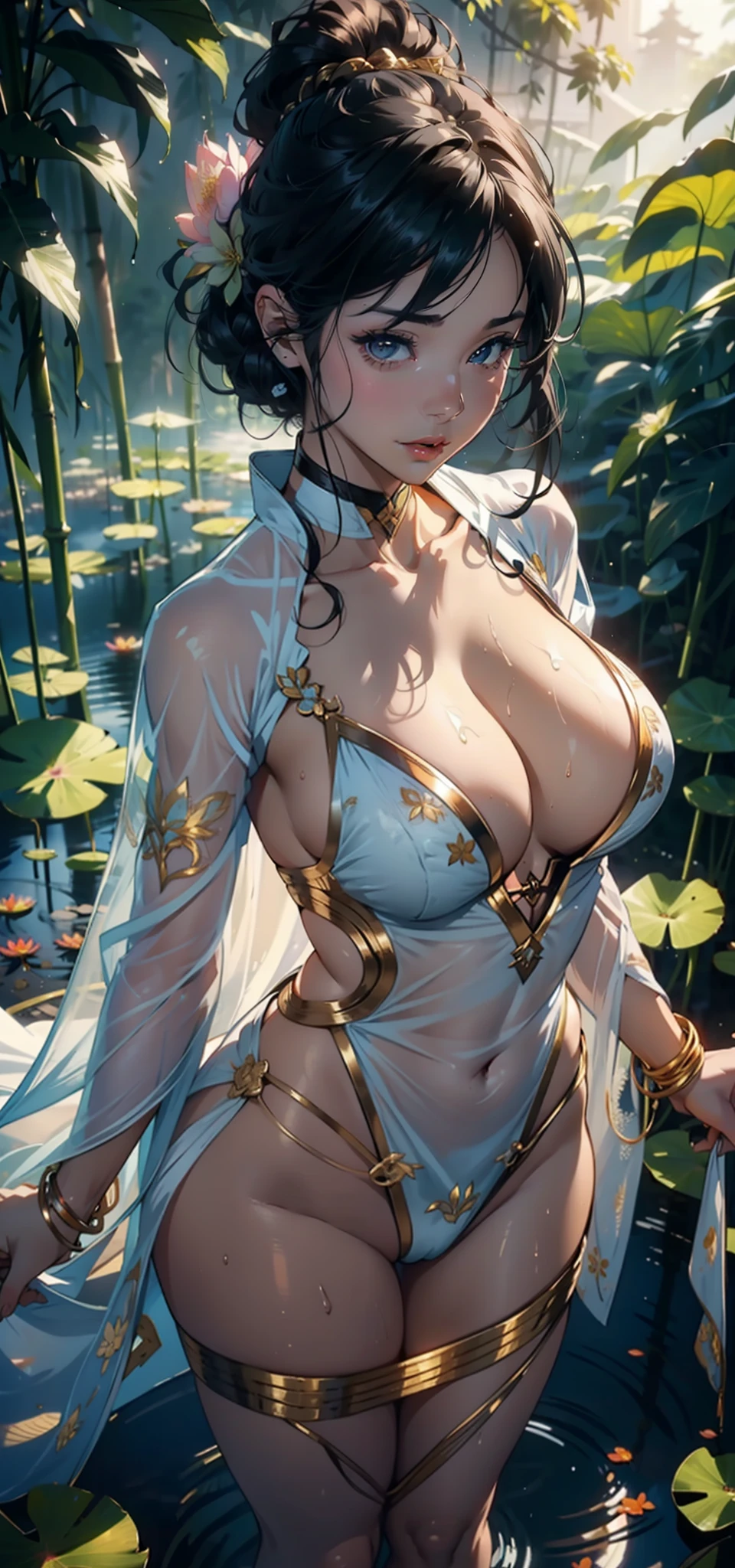 1female，35yo，huge tit，独奏，（Background with：bamboo forrest，lotuses，lotus flower，exteriors，Lotus pond） She has short black hair，standing on your feet，Sweat profusely，drenched all over the body，seen from the front， hair straight， mostly cloudy sky，（（（tmasterpiece），（Very detailed CG unity 8K wallpaper），best qualtiy，cinmatic lighting，detailed back ground，beatiful detailed eyes，Bright pupils，Black eyes，（Very fine and beautiful），（Beautiful and detailed eye description），ultra - detailed，tmasterpiece，）），facing at camera，A high resolution，ultra - detailed），revealing breasts，Bare genitalia，  Bulge，legs are open，Raised sexy，Camel toes，Flushed complexion，Open-mouthed，frontage，Supergirl（Wearing：Transparent sexy kimono，Gold wire embroidery，Superman uniform，nakeness，Bare breasts，Bare lower body）