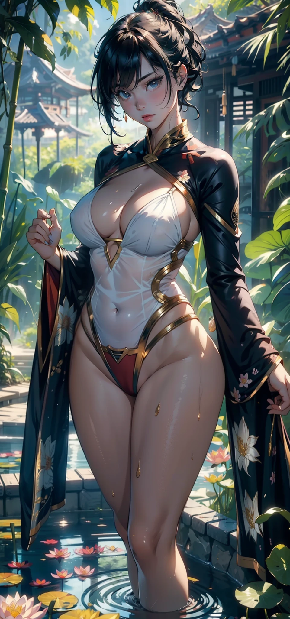 1female，35yo，huge tit，独奏，（Background with：bamboo forrest，lotuses，lotus flower，exteriors，Lotus pond） She has short black hair，standing on your feet，Sweat profusely，drenched all over the body，seen from the front， hair straight， mostly cloudy sky，（（（tmasterpiece），（Very detailed CG unity 8K wallpaper），best qualtiy，cinmatic lighting，detailed back ground，beatiful detailed eyes，Bright pupils，Black eyes，（Very fine and beautiful），（Beautiful and detailed eye description），ultra - detailed，tmasterpiece，）），facing at camera，A high resolution，ultra - detailed），revealing breasts，Bare genitalia，  Bulge，legs are open，Raised sexy，Camel toes，Flushed complexion，Open-mouthed，frontage，Supergirl（Wearing：Transparent sexy kimono，Gold wire embroidery，Superman uniform，nakeness，Bare breasts，Bare lower body）