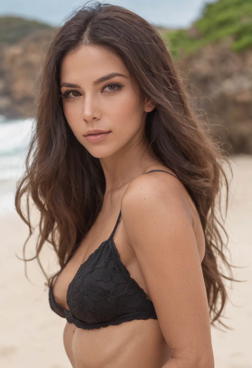 there is a 25-year-old woman, olhos castanhos, latino americana, posando para foto, numa praia, in black bikini, with arm covering breasts, , foto de modelo, corpo perfeito, foto realista, cabelo castanho, (garota bonita: 1.3) (cabelo: 1.3) Textura Facial e de Pele Altamente Detalhadas, (Pose)), (Sedutor)) melhor qualidade, 4k, Canon, entardecer, belos olhos e rosto detalhados, olhos castanhos,((pelos marrons:1.2)) ((corpo inteiro:1.3)) ((cabelos longos:1.2))
