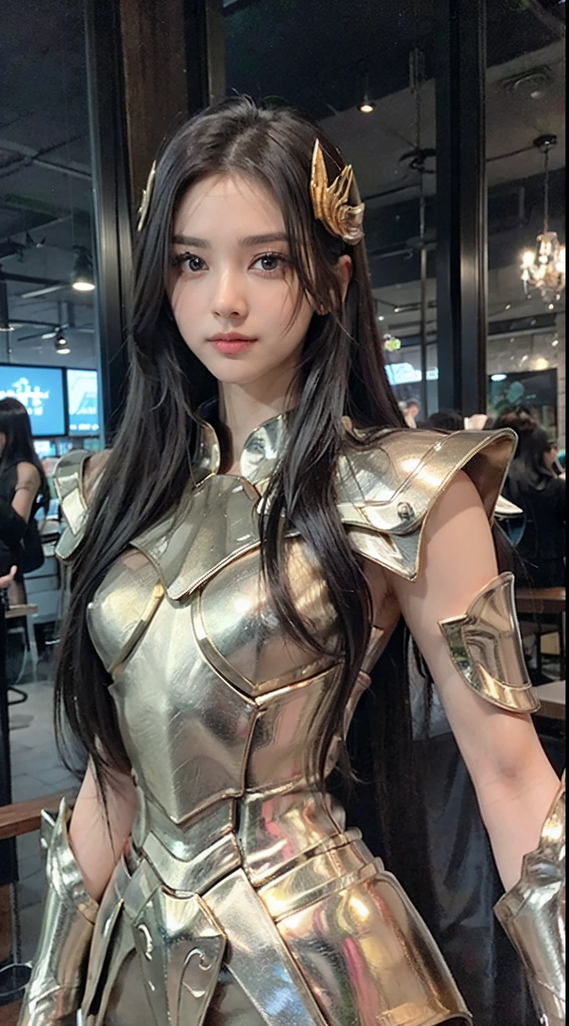 realisticlying， tmasterpiece， Best quality at best， A high resolution, 1girll， s the perfect face， looking at viewert， The skin is tight and transparent vinyl， Very long black hair， Green eyes， paleskin， Pisces， Gold armor with white parts， Armour， ((shelmet))， Line art， low tune， Sharp focus， octanerender，(frontage，face to the viewer:1.2)