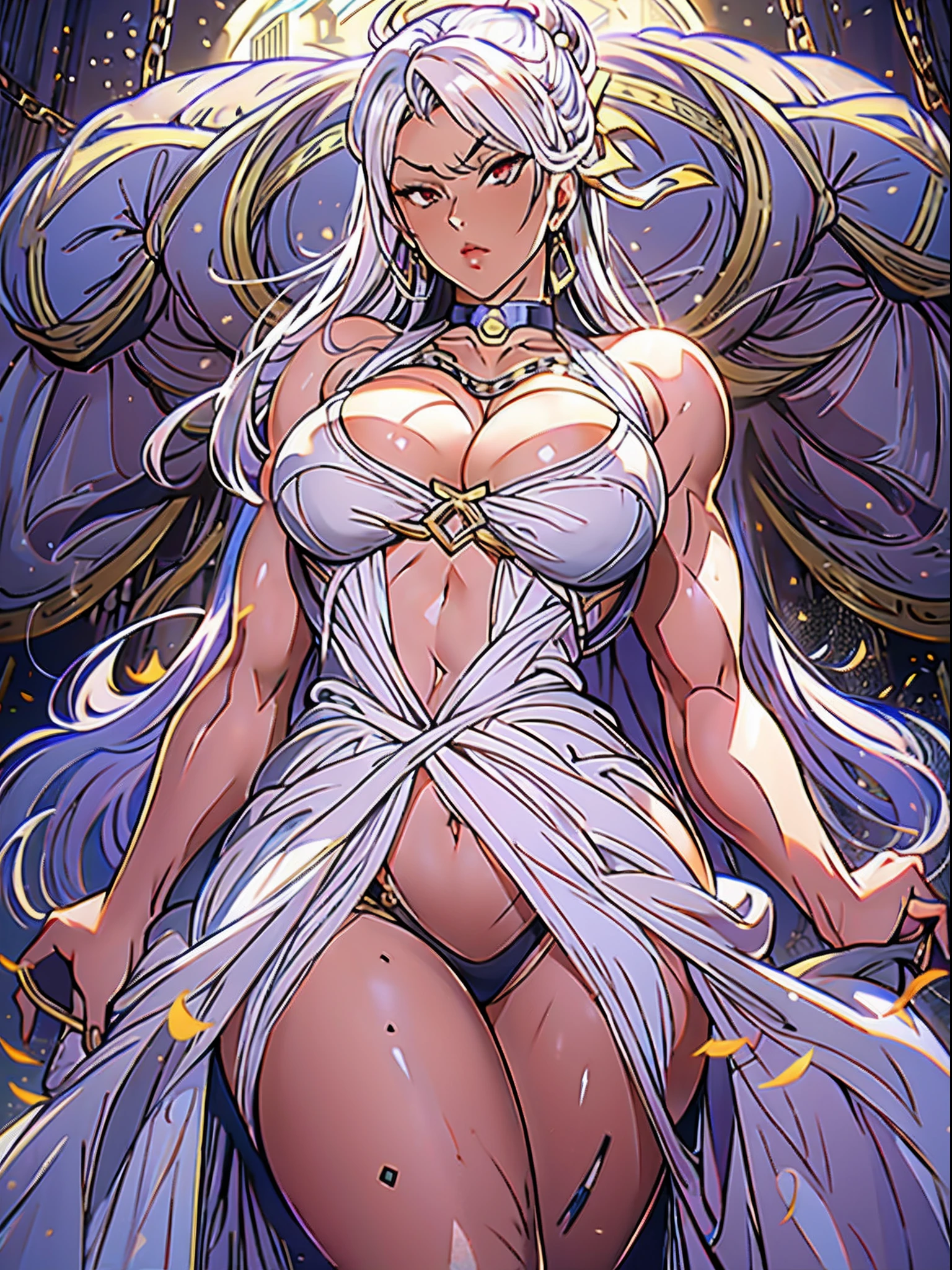 masterpiece, highest quality, (perfect face:1.1) , (high detail:1.1), dramatic, female triplets, breasts, white hair, red eyes, cleavage, long hair, curvy, large breasts, moon, see-through, night, dress, thighs, navel, white dress, laced choker, bare shoulders, wide hips, thick thighs, lips, covered, laced robe, pelvic curtain, laced pelvic curtain, toned pelvis, toned hips, milky hips, navel piercings, body piercings, huge breasts, muscles, big biceps, thigh muscles, bruised knees, white Heels, white sandals, body piercings, Chun Li thighs, neck chains, castle, detailed background, art by artgerm and greg rutkowski, cinematic lighting