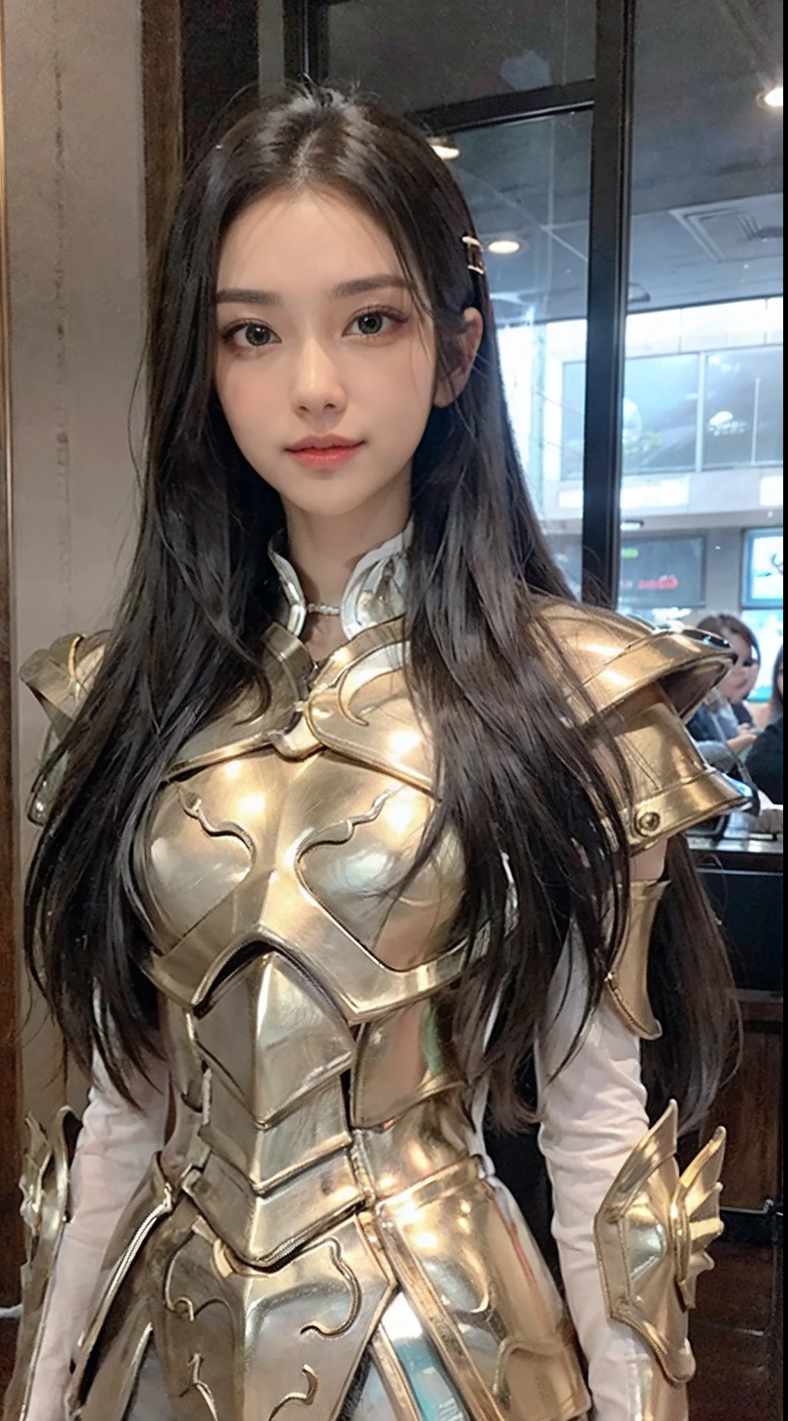 realisticlying， tmasterpiece， Best quality at best， A high resolution, 1girll， s the perfect face， looking at viewert， The skin is tight and transparent vinyl， Very long black hair， Green eyes， paleskin， Pisces， Gold armor with white parts， Armour， ((shelmet))， Line art， low tune， Sharp focus， octanerender，(frontage，face to the viewer:1.2)