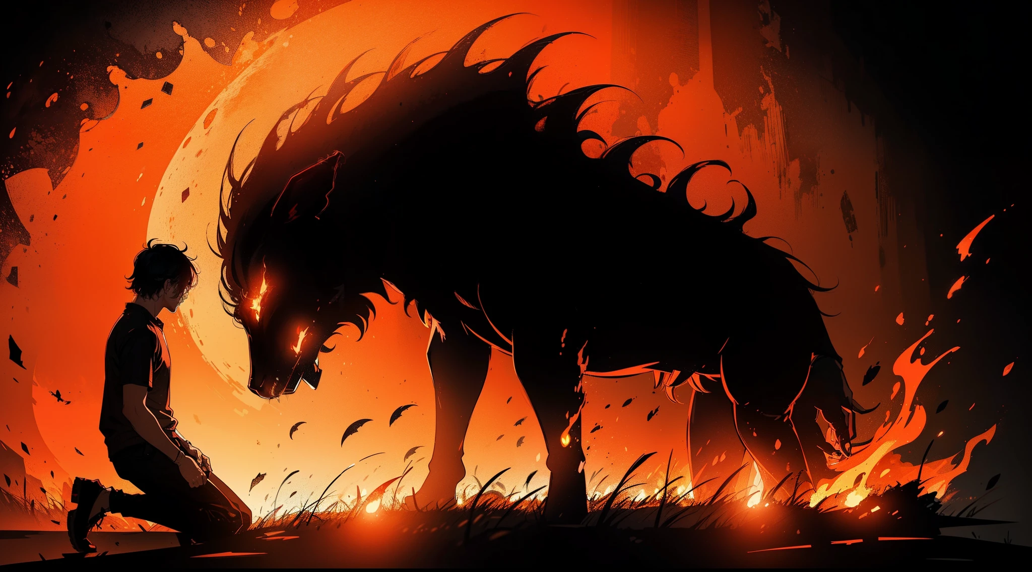 Dark, fire theme, red theme, fiery theme, orangish,((silhouette of a man kneeling down)), ((2d illustration:1.2)), Dark ambience