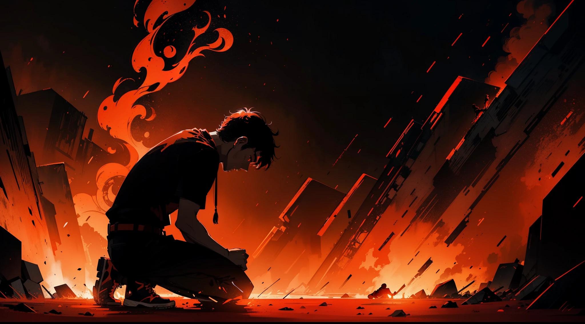 Dark, fire theme, red theme, fiery theme, orangish,((silhouette of a man kneeling down)), ((2d illustration:1.2)), Dark ambience