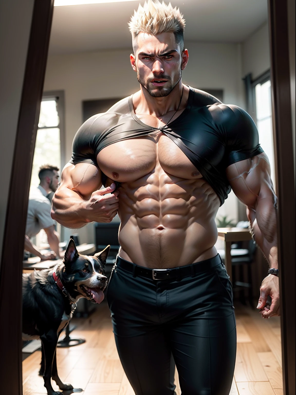 Draw 2 males,musculous,Wide shoulders,The pectoral muscles are well developed,Muscle swelling,Thick chest,thick leg,Thick arms,The shirt is tight,Messy ties,Tight trousers,Fold your hands to your chest,Dog crawling style,Low angle shooting,Raise your head,Stick out your tongue,drools,facing another, naughty face, spiked hair, crew cut, reflection light, UHD, masterpiece, high details, textured skin