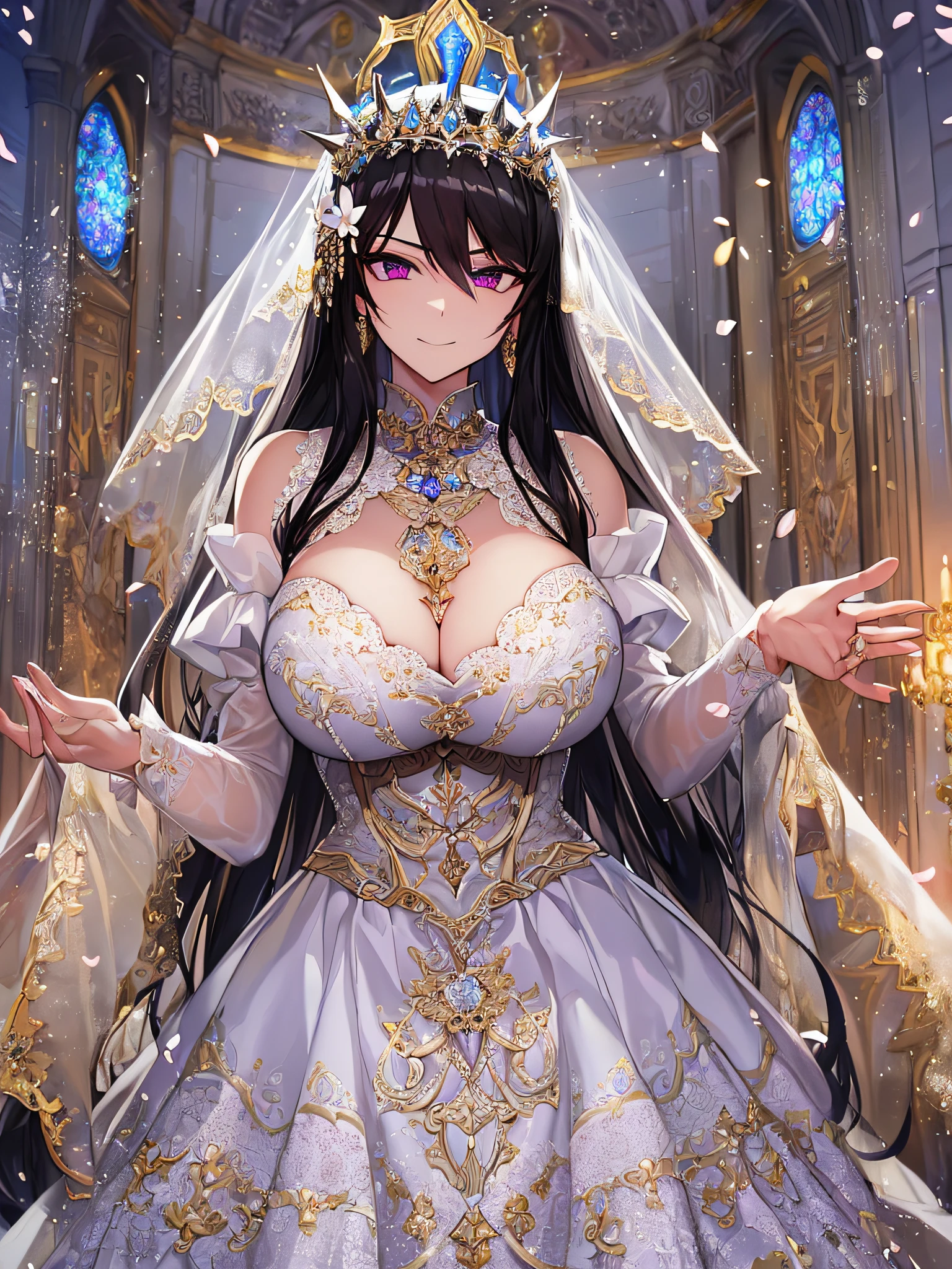 ((anime artstyle)),Masterpiece,Best Quality,Super Detail,Very Delicate and Beautiful,Solo,((full body)),((1 arrogant queen wearing beautiful embroidery gorgeous white wedding dress with voluminous crinoline hoop skirt)),(gigantic tits,skindentation),jewel-like eyes,((arrogant smile)),((arrogant,haughty)),dominant pose,Sharp eyes,(Purple eyes),Beautiful detailed face and eyes,((Bangs between eyes,voluminous straight hair,extremely Long straight Hair)),black hair,gorgeous embroidery and lace,enormous puffed sleeves,luxury hair ornament,extremely gorgeousfull jeweled tiara,long train,bling-bling gorgeous gemstone jewelry,long wedding veil,full body,standing in the sacred cathedral,indoor,white lily flowers,flower petals flowing,Stained glass,light particles,Sacred Light,(luxury carpet),((beautiful embroidery gorgeous stately white wedding dress with voluminous crinoline hoop skirt))