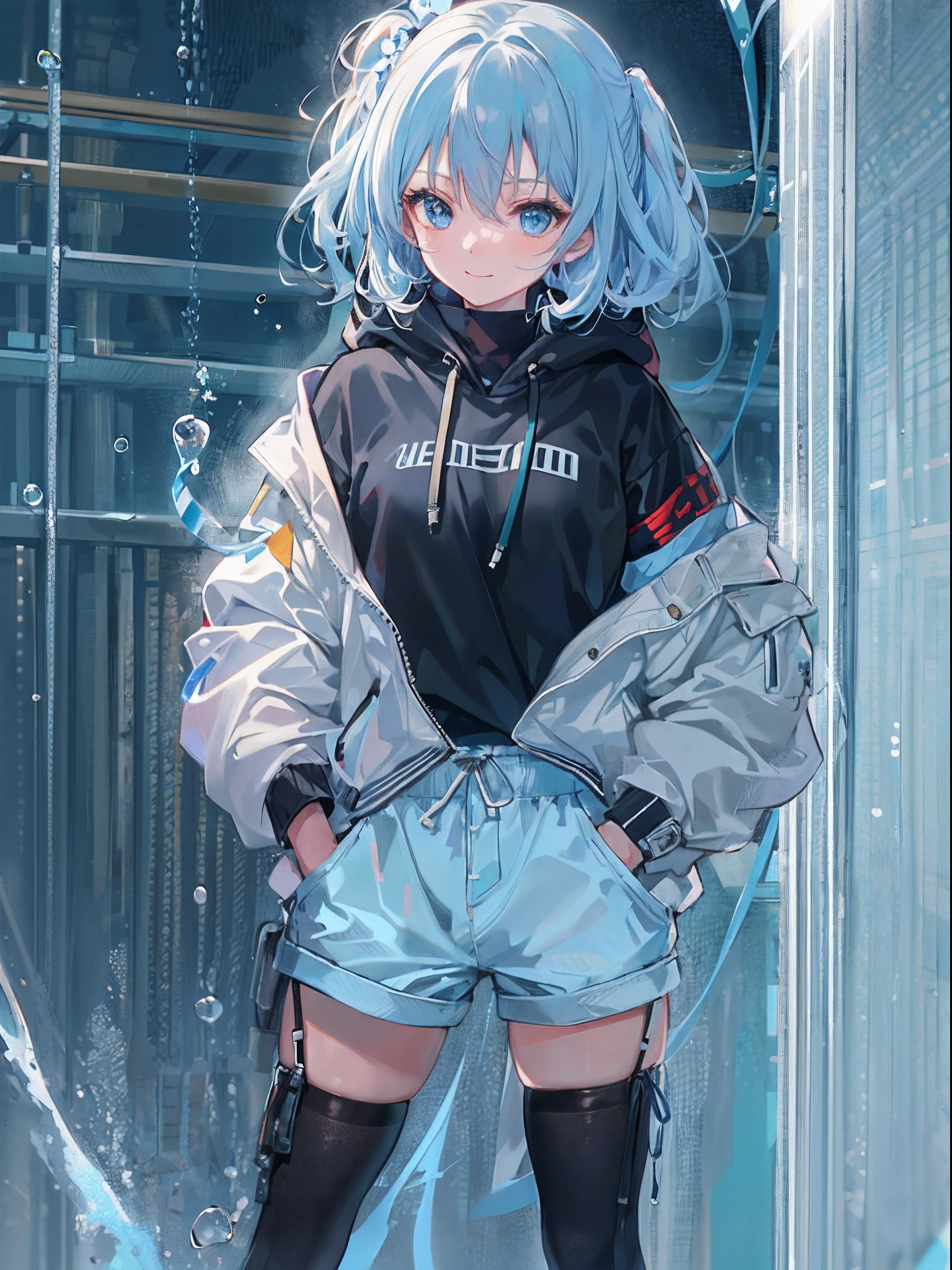 ((of the highest quality)), ((masutepiece)), ((Super Detail)), (Very delicate and beautiful), girl, Solo, cold attitude, ((Black jacket)), She looks very (Relaxed) And (Calm), Black hair, depth of fields, Evil smile, stirrup, under the water, Air bubble, Light blue eyes, Light blue hair and dark blue tip inner color, Cold background, Bob Hair – Linear Art, Shorts, knee high socks, Oversized white hoodie, Street style、Light Blue Ribbon Tie, transparent clothe, Hands in pockets