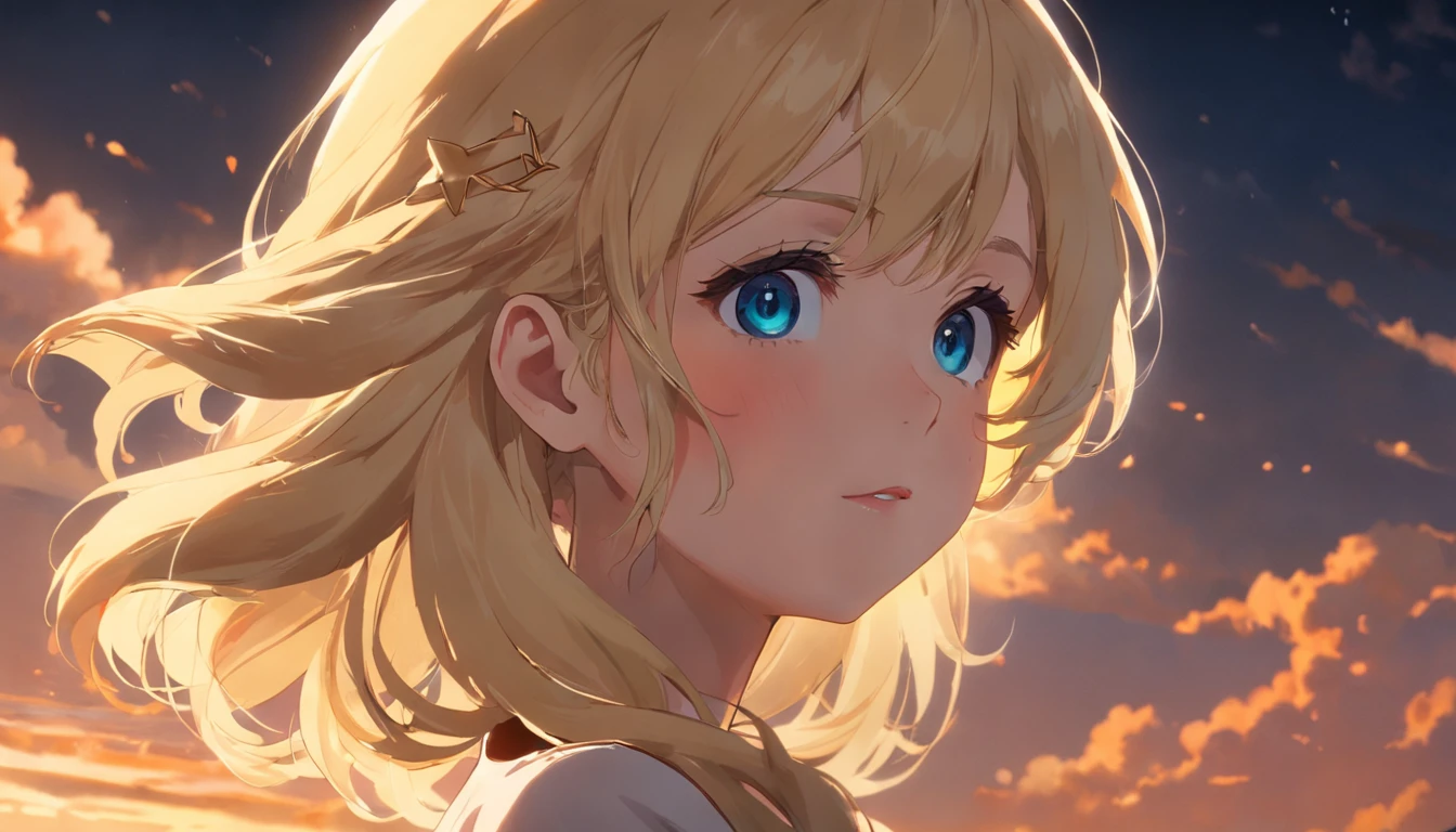 Blonde Beautiful Girl, tmasterpiece, best qualit, cinematic Film still from, 1girl in, Cloud Girl, closeup cleavage, brightened, cheerfulness, Warm and soft lighting, evening glow, (spark of light:0.7), By the sea, star-shaped pupils, Gradient Eyes, Cinematic lighting, 4K, Best Quality, 4K