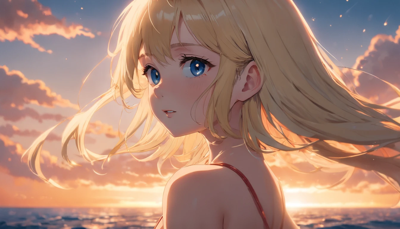 Blonde Beautiful Girl, tmasterpiece, best qualit, cinematic Film still from, 1girl in, Cloud Girl, closeup cleavage, brightened, cheerfulness, Warm and soft lighting, evening glow, (spark of light:0.7), By the sea, star-shaped pupils, Gradient Eyes, Cinematic lighting, 4K, Best Quality, 4K