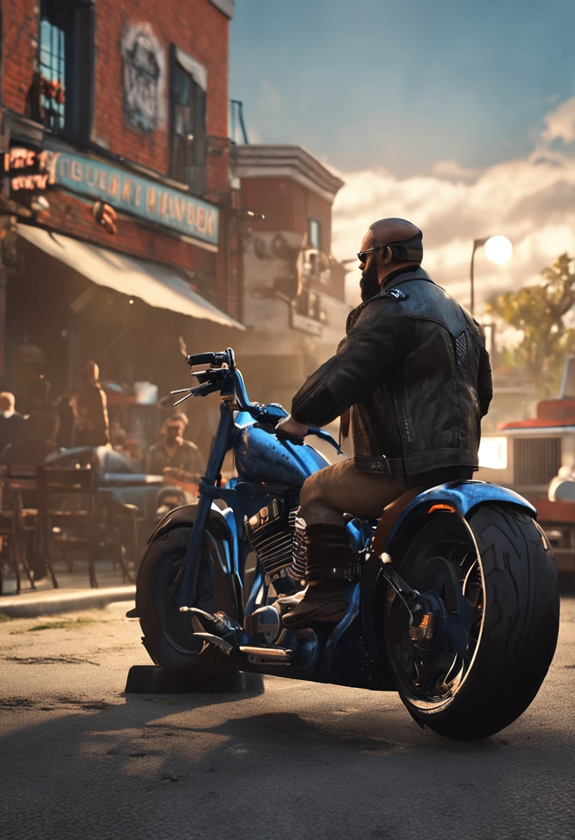 make a bearded, fat, black, rocker, biker man. at the bar drinking beer. quality: ultra realistic, 8k