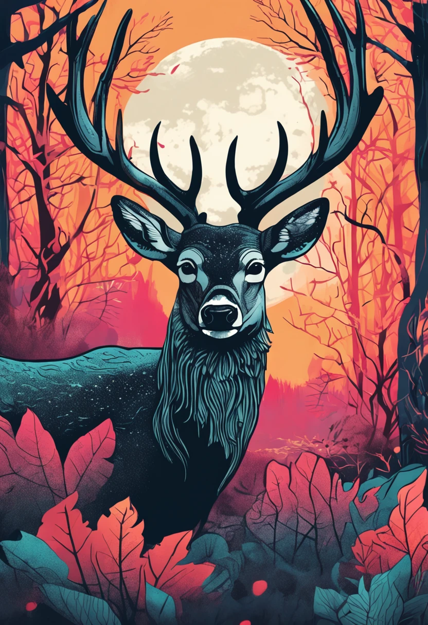 alpha deer with melanism in a mystical forest, drawing