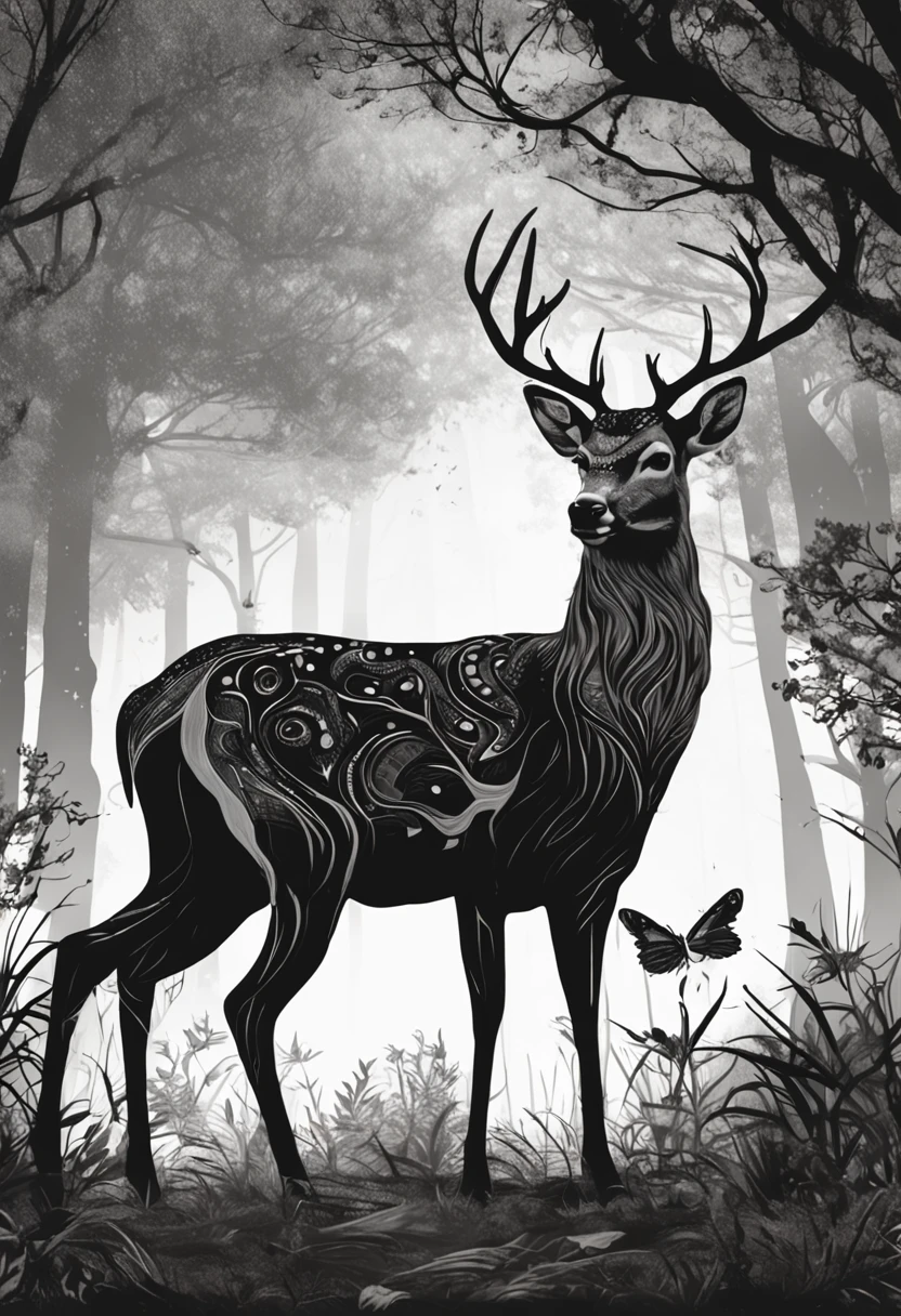 alpha deer with melanism in a mystical forest, drawing