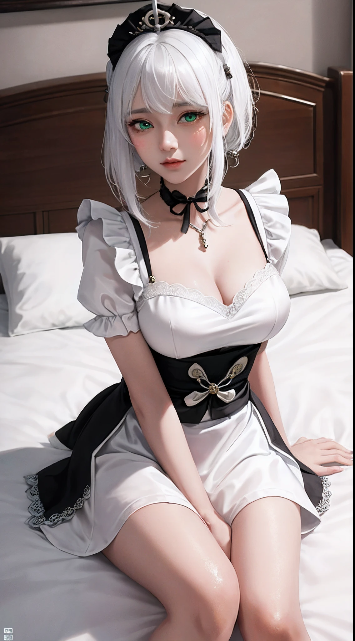 Nahida,Genshin,white hair,cute girl,maid,white silk, ukiyoe,on bed,lolita,green pupils,look away