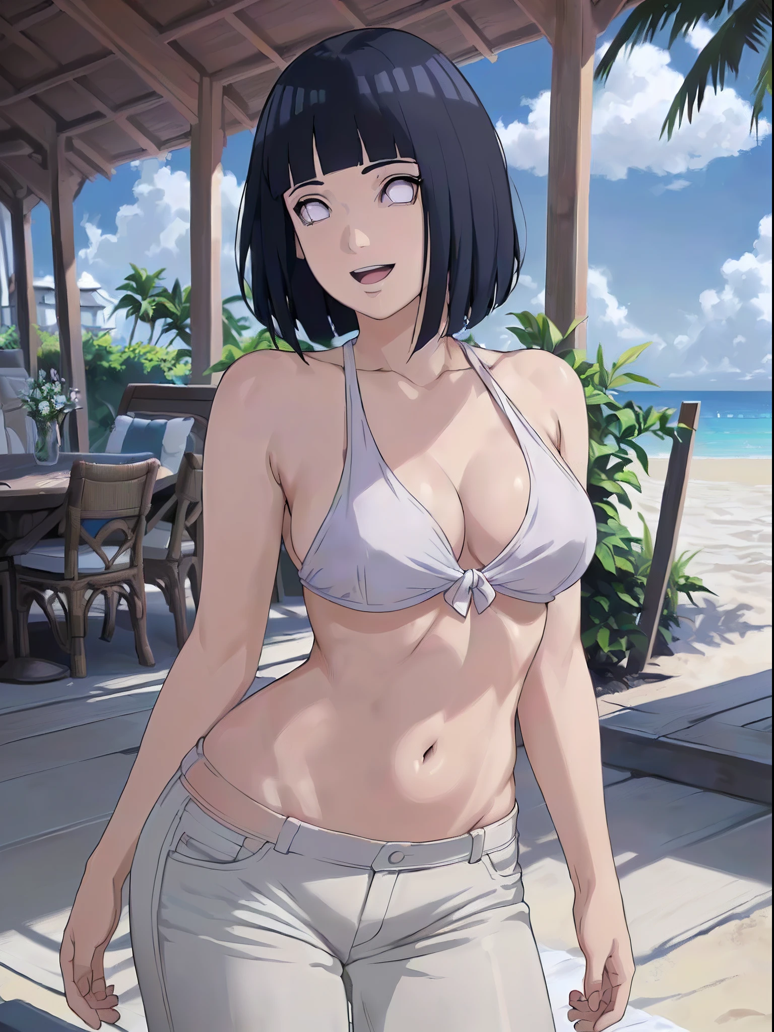 (WALLPAPER, (hinata\(boruto\), masterpiece, 4k, vector coloring, whole body shot, contrast lighting, mature female, (curvy:0.8), solo, anime style, sharp focus, professional artwork, intricate details, detailed beach background, colorful, vibrant colors, vivid colors, digital blending, ultra detailed body, ultra detail hair, ultra detail face, trending on pixiv, very hot colors, sunny day, outdoor, detailed bold arm lines, high color saturation, bold lines, bold drawing lines),
(standing, open mouth, kind smile, extremely happy, goodbye, sexy pose),
((dark blue hair color:1.1), wavy hair, ((short hair, hime cut)),
(perfect eyes, white sciera, bright eyes, white eyes, anime eyes, smoky eyeliner, eyeshadow)
(white skin, slender body, milf, navel, groin, flat belly, perfect face, perfect thighs),
(Thighs, legs, big breasts, perky boobs, off-shoulders, (groin, detailed shoulders),
(almost naked, only white clothes, bare chest, bare shoulders, bare hands, bare legs),
( topless, white pants, no top)