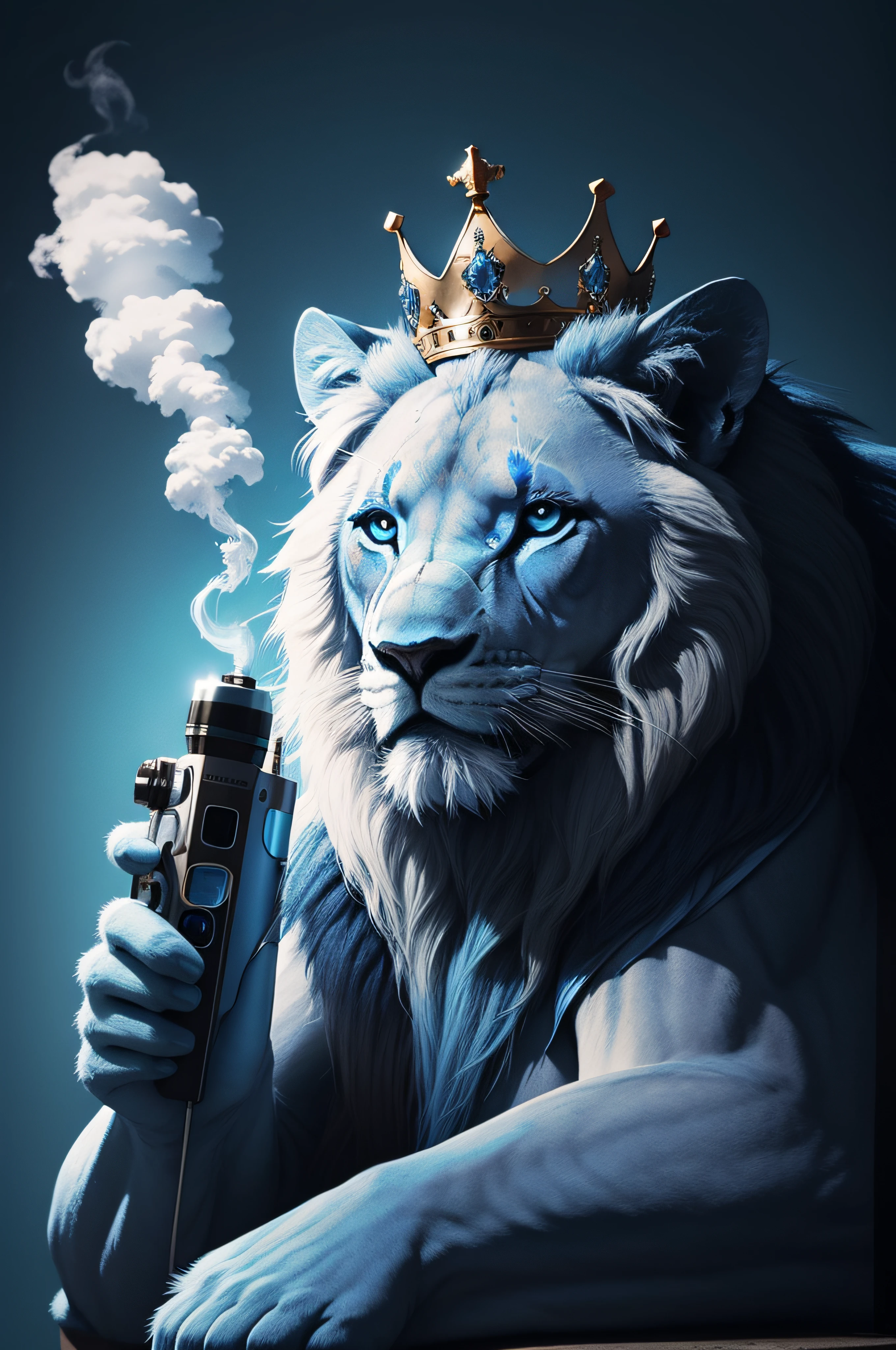 Blue lion wearing crown and holding vape on a blue background , cinematico 8k