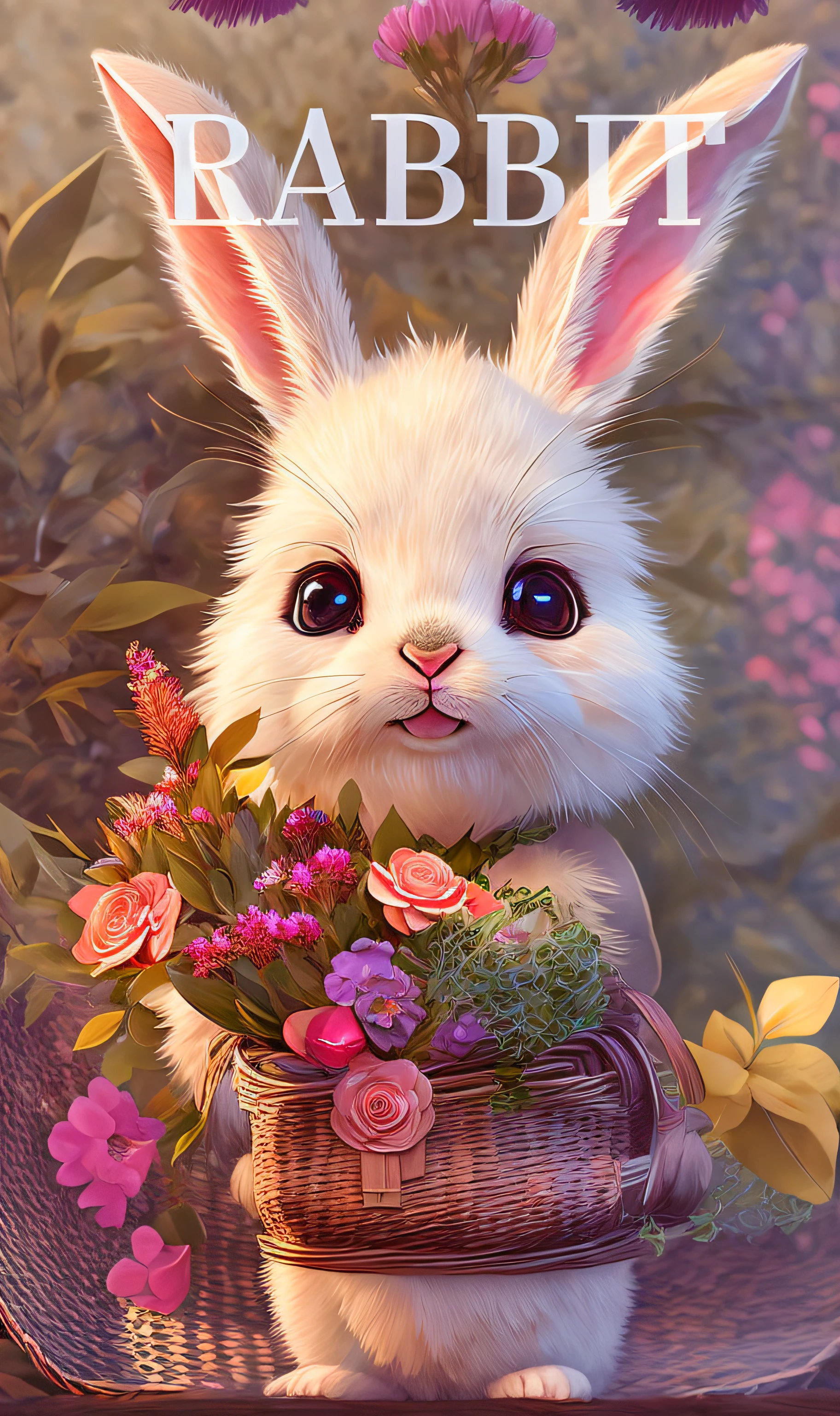Close-up of a rabbit holding a basket of flowers, cute anthropomorphic bunny, lovely digital painting, adorable digital art, Cute detailed digital art, Rabbit_Bunny, cute animal, anthropomorphic rabbit, ultrarealistic sweet bunny girl, cute cute, 🍂 Cute, edgBunny_Character, cute forest creature, Bunny Girl, Ruan cute vtuber
