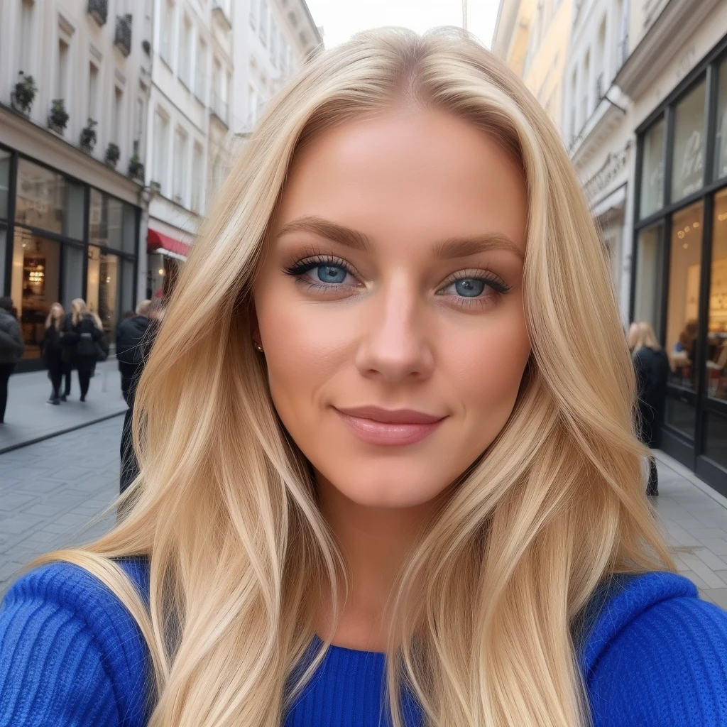 blonde woman with blue eyes, smiling, selfie, shopping in the city, sexy red outfit, Lara Stein, Alexandra Waliszewska, schulterlanges blondes Haar, Most beautiful woman in the world, beautiful look, Perfektes Detail, Victoria's Secret-Modell, blonde haare blaue augen, keine Nahaufnahme, blonde Haare und blaue Augen, lange blonde Haare und blaue Augen, ohne Augenbrauen