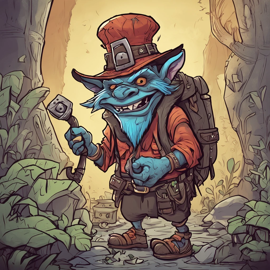 Cartoon illustration of a troll with a hat and a purse, Lowres, 2d illustration, 2d illustration, em estilo de arte de Hearthstone, Retrato de um Gnoll, archwizzard in a hat, 2d matte illustration, master splinter, estranho voidpunk fursona, 2d digital illustration, Gnoll, um pirata goblin
