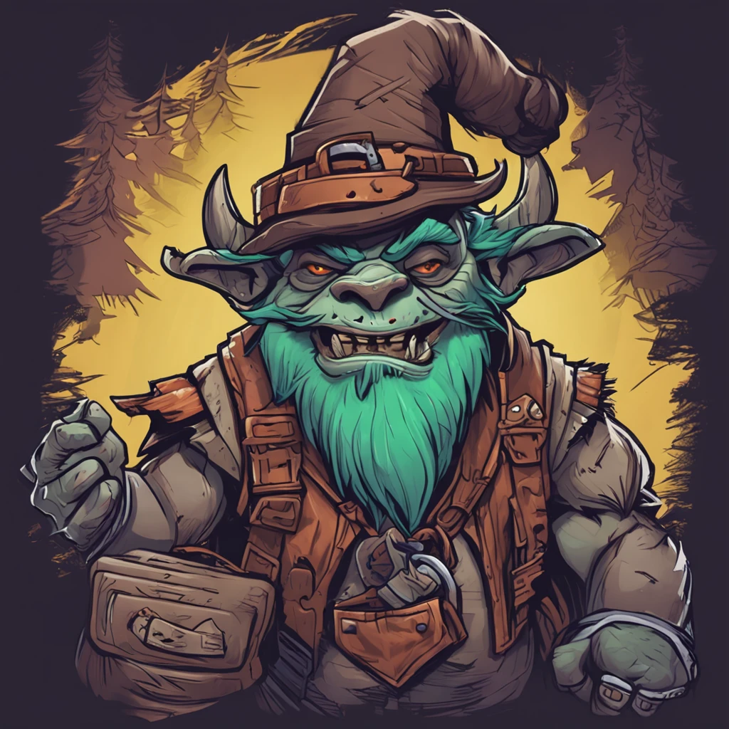 Cartoon illustration of a troll with a hat and a purse, Lowres, 2d illustration, 2d illustration, em estilo de arte de Hearthstone, Retrato de um Gnoll, archwizzard in a hat, 2d matte illustration, master splinter, estranho voidpunk fursona, 2d digital illustration, Gnoll, um pirata goblin