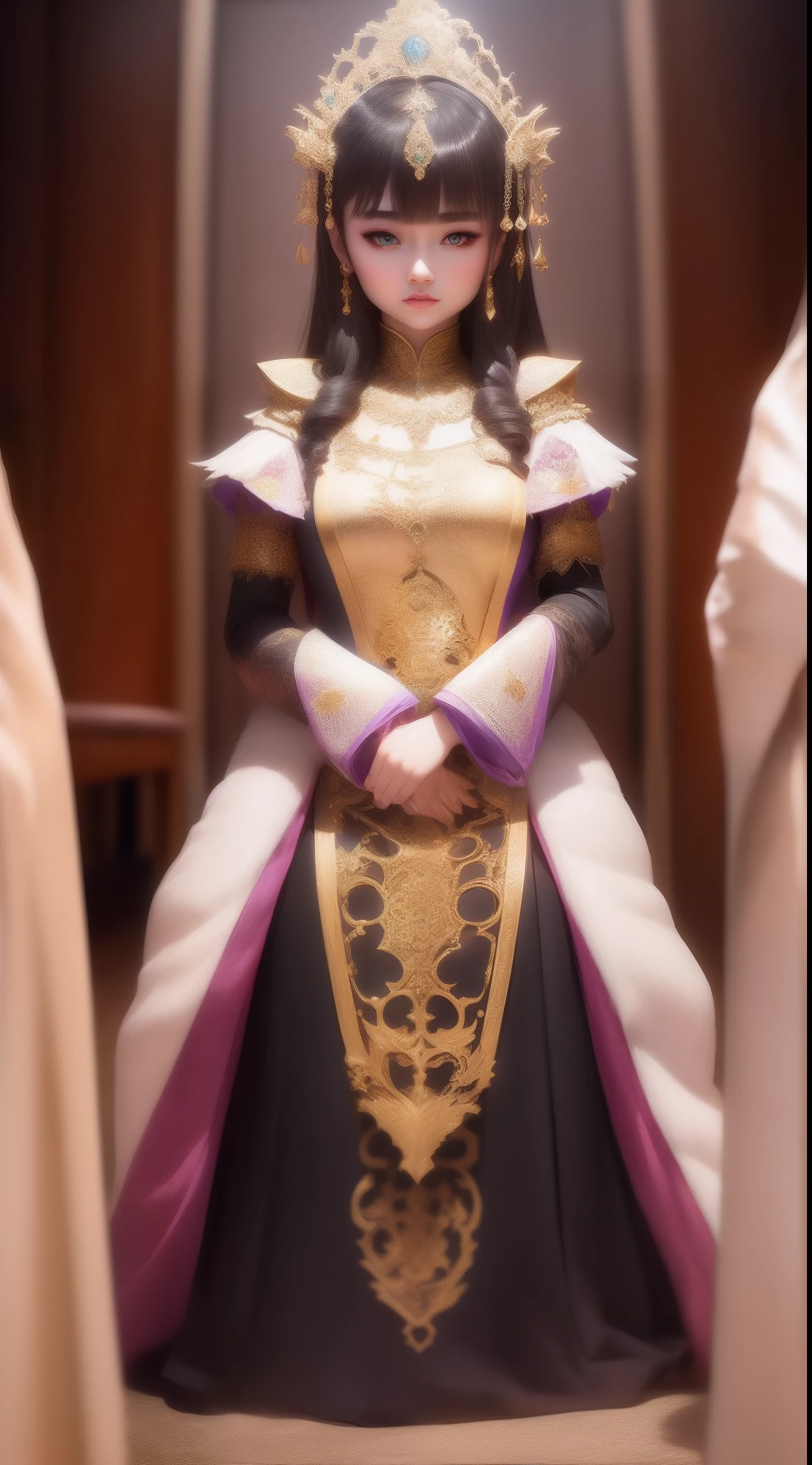 The silhouette of a beautiful princess is pried into a large gold cage. (Masterpiece), Realistic, (Portrait of a Caucasian girl),Very white skin, Beautiful face, Sunlight, Cinematic light, bangs, A beautiful woman, Beautiful eyes, Black hair, Long hair, Perfect anatomy, Very cute, Princess Eyes , (Green eyes) , Red lips, (frame the head), centered image, Stylized, with light glowing, 8 life size,8K resolution, wonder full, elegant, nearing perfection, Dynamic, Highly detailed, character sheets, concept-art, smooth, Position directly facing the audience,Make their bodies symmetrical and balanced, stunningly beautiful age girl, Detailed hairstyle. Whitty dress. No tassels