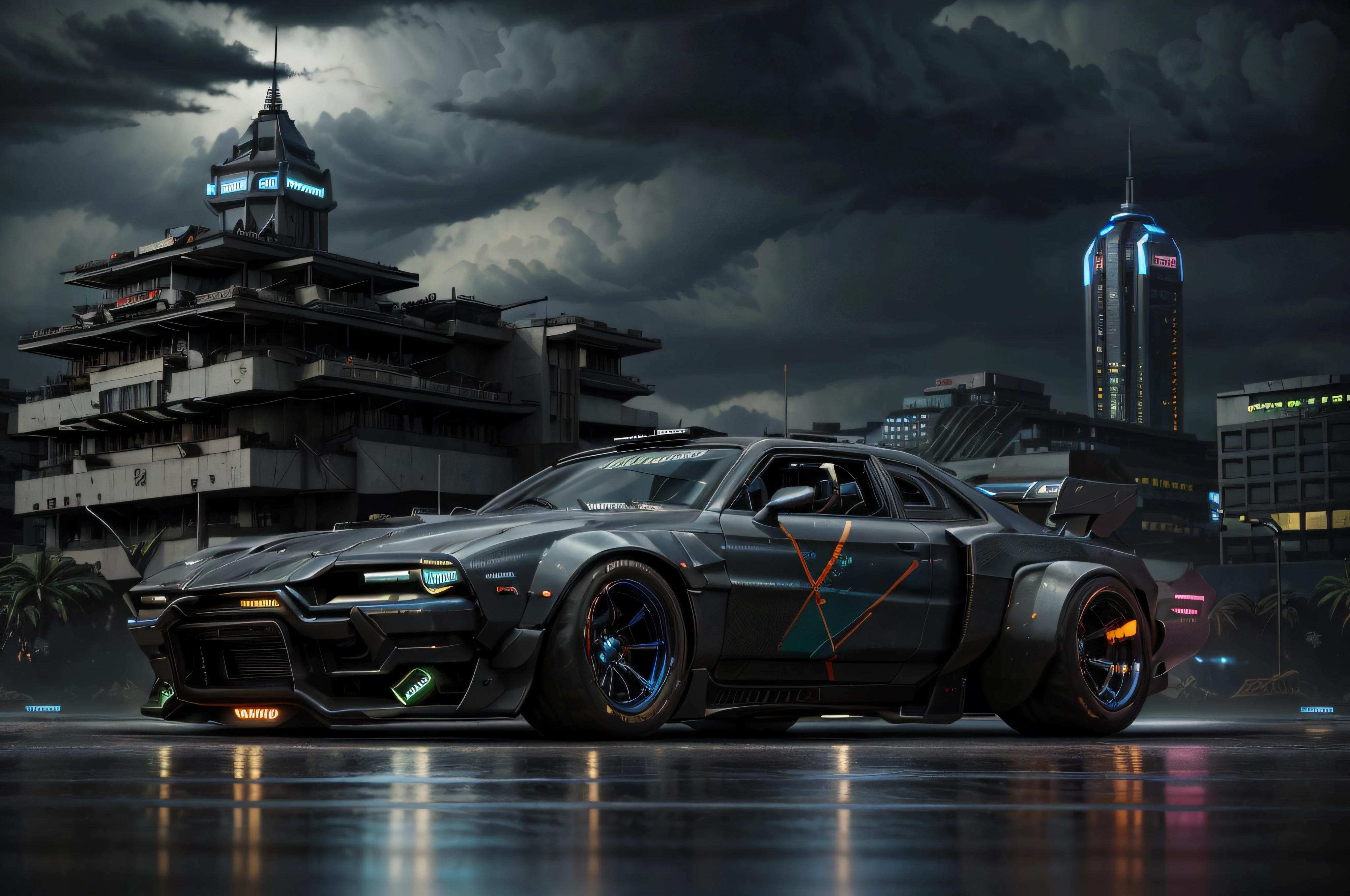 a 3/4 front view of ((futuristic cyberpunk hotrod zeekars)) (with glowing tires), neon glow , cyberpunk muscle car, lighting storm in the background, Black and ((dark blue)), in cyberpunk city, ((badass))