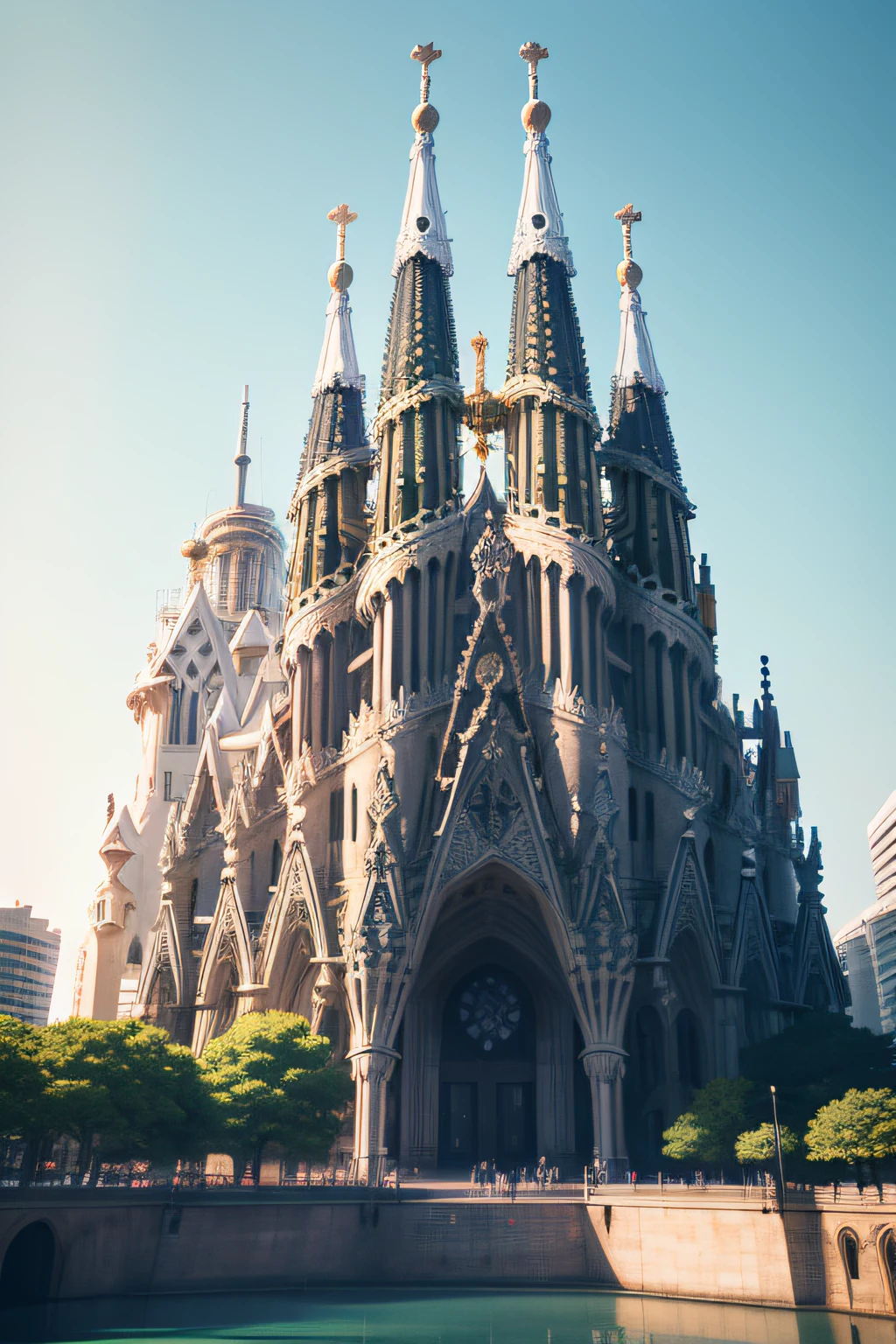 Artistic modern architecture with the Sagrada Familia in Japanese style、Bright background、Yokohama style