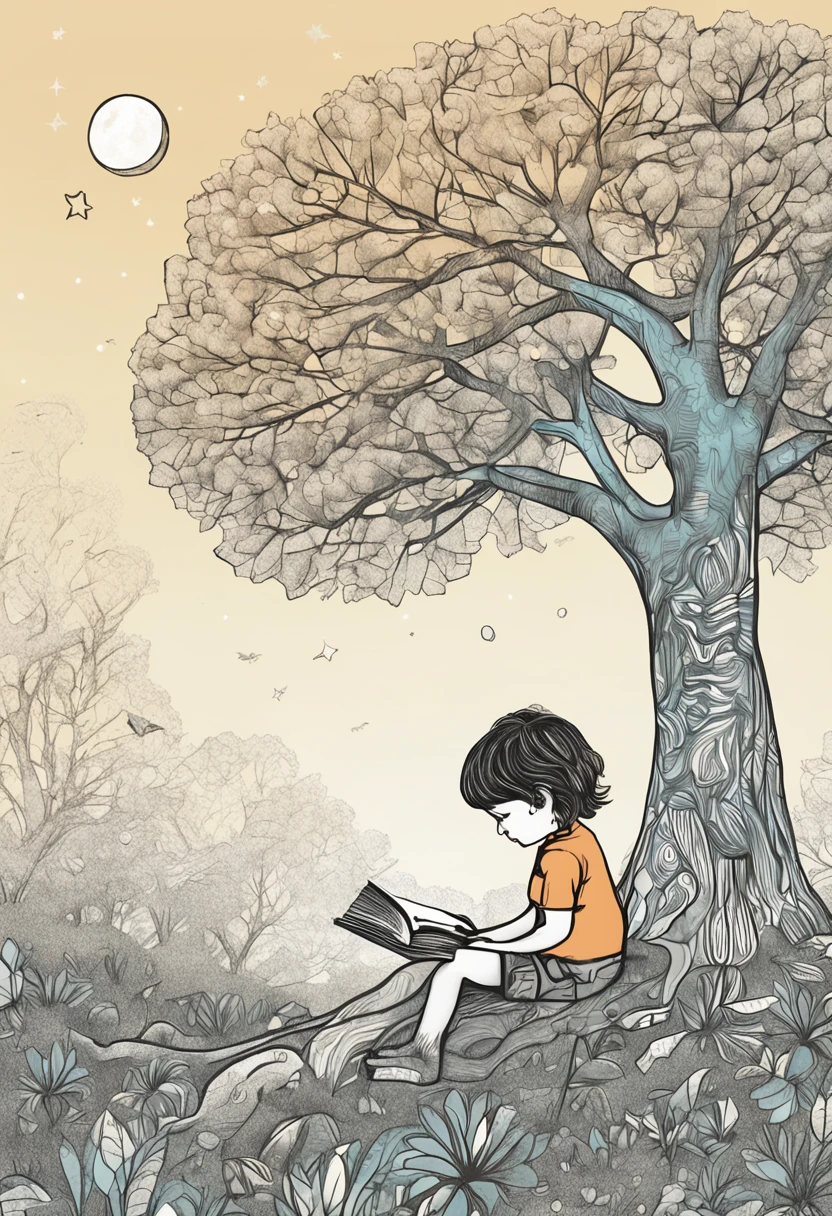 Child under a tree, um varal com 5 livros infantis pendurados na arvore, child is holding a book that has a children's drawing, da to see the starry sky, The ground is a lawn, with a slope