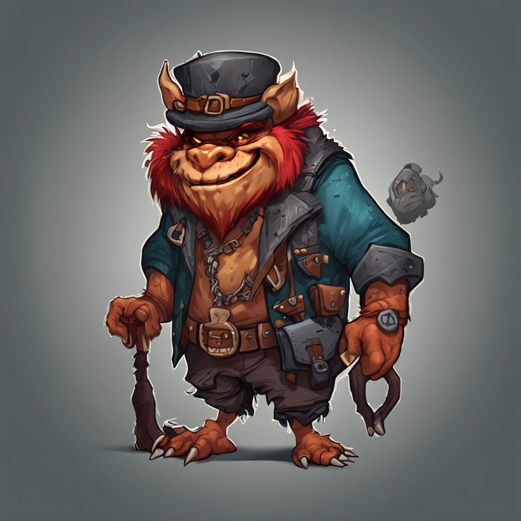 Cartoon illustration of a troll with a hat and a purse, Lowres, 2d illustration, 2d illustration, em estilo de arte de Hearthstone, Retrato de um Gnoll, archwizzard in a hat, 2d matte illustration, master splinter, estranho voidpunk fursona, 2d digital illustration, Gnoll, um pirata goblin