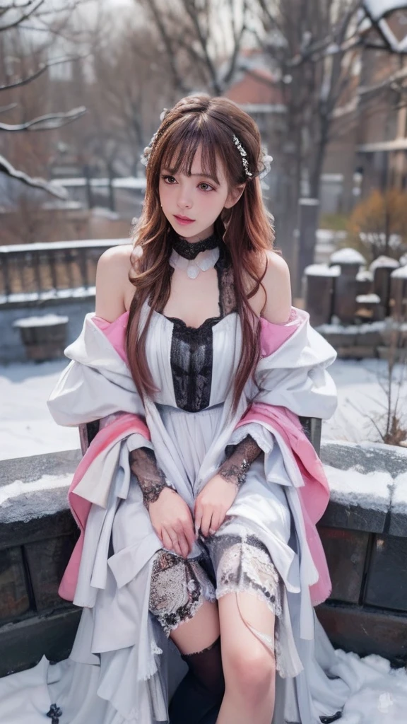 (8K,RAW photos, best qualtiy, tmasterpiece:1.2),(realisticlying, photograph realistic:1.4),Hide your face with sadness, Lolita costume,Lace, Aerith Gainsborough, The upper part of the body,upper legs,Lace, undergarments,exposed bare shoulders, do lado de fora, (outside,Covered with snow,cloaks,) high high quality, Adobe Lightroom, highdetailskin, looking at viewert,