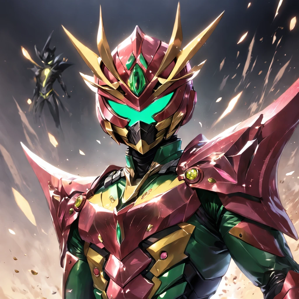 Kamen Rider,Helmet in the shape of locust elements,Closed face shield,Rock armor，The body is set with diamonds，the Chinese character "soil" in the middle of Kamen Rider's Belt，Yugioh artwork, top-quality, tmasterpiece, A high resolution