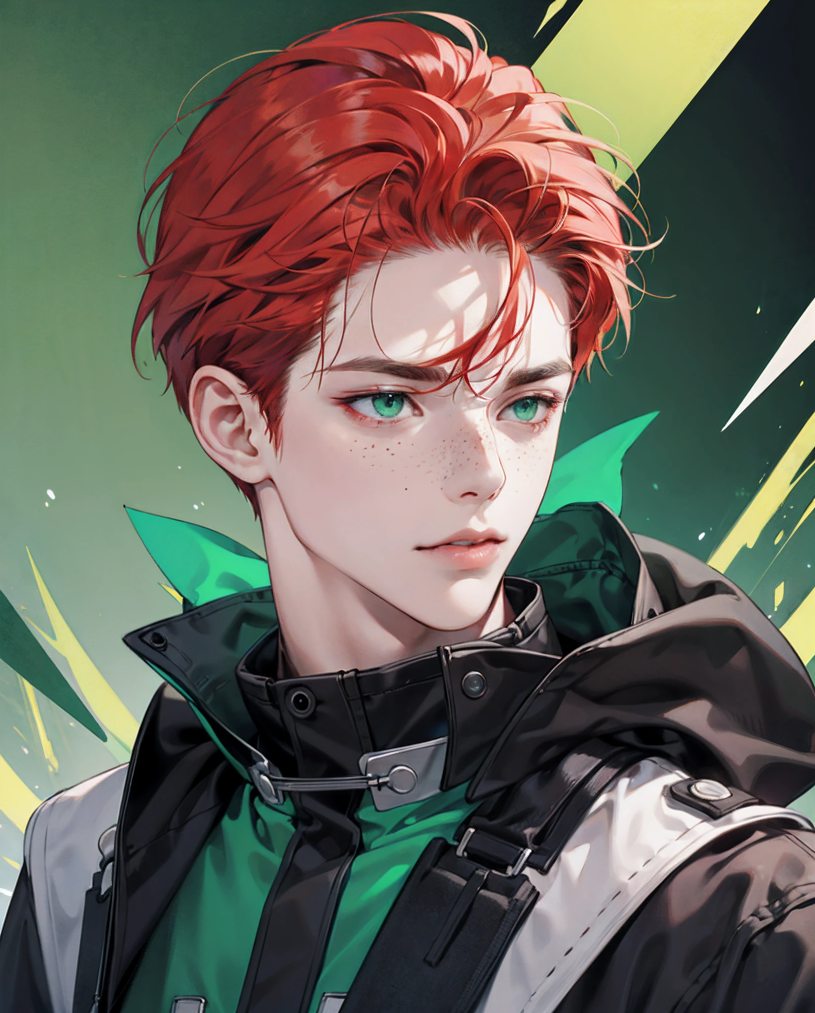guy, pale skin, redhead hair, green colored eyes, freckles