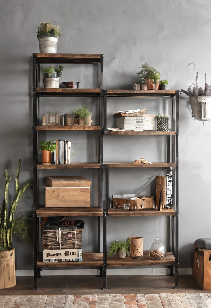 modelo de estante industrial 3 bases em metalon, com 7 prateleiras mdf