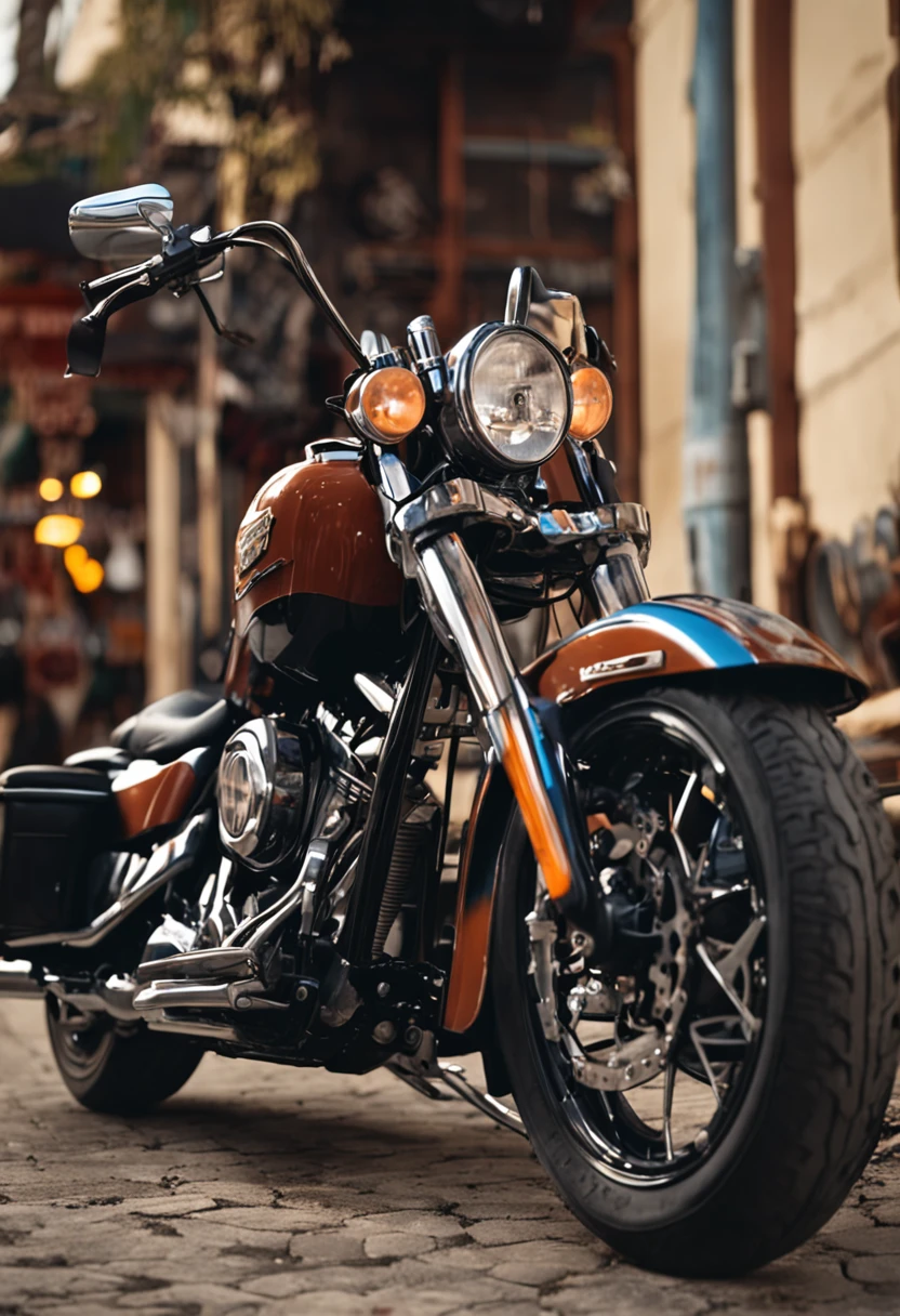 Make a bearded man, com cara de roqueiro, motociclista. em frente um bar bebendo cerveja encostado na moto harley davidson ultra limited cvo