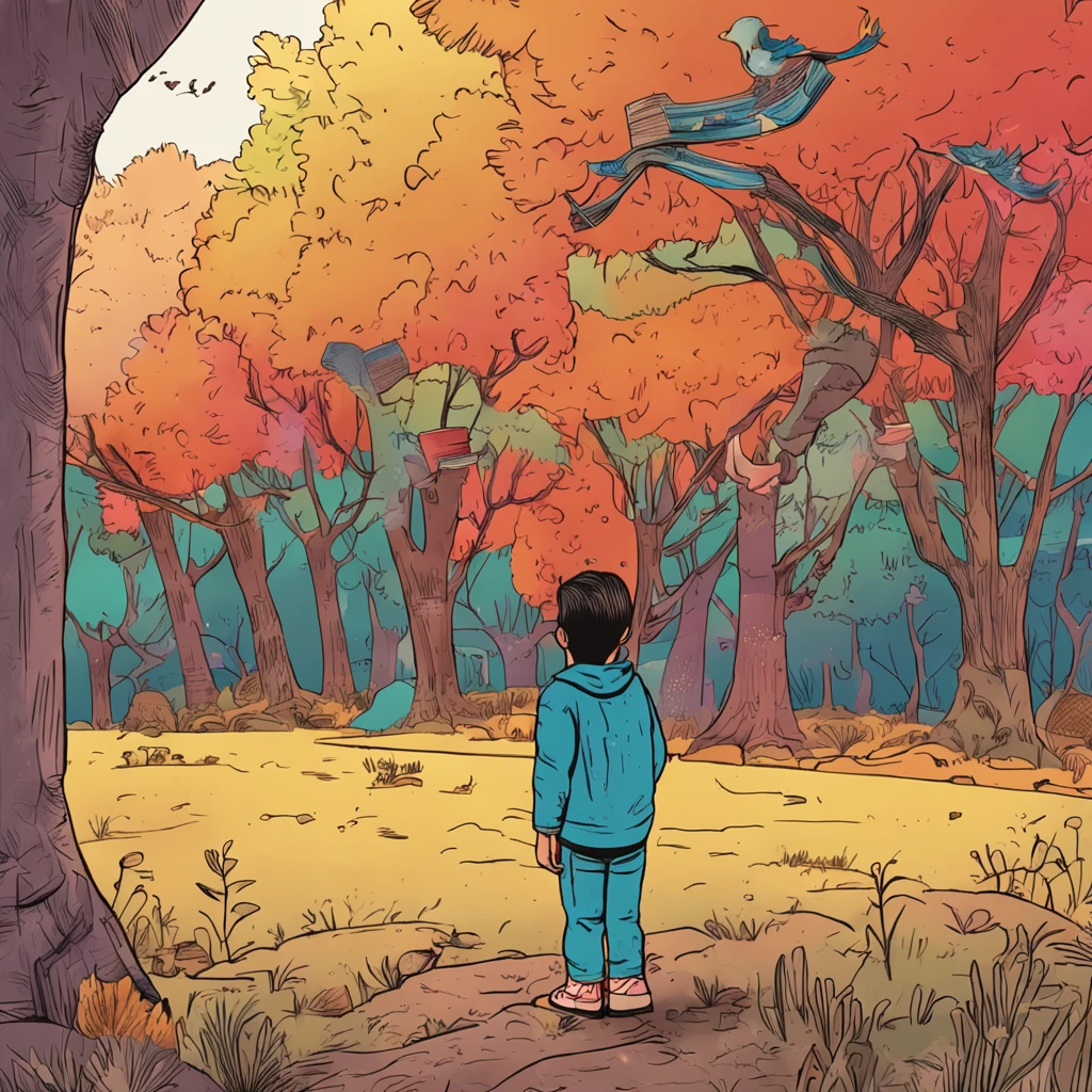 Child holding a book with children's drawing appearing, She's under a tree that has a clothesline of children's books hanging