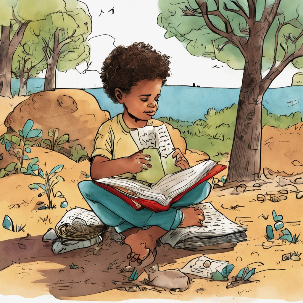 holding a book with children's drawing appearing, She's under a tree that has a clothesline of children's books hanging