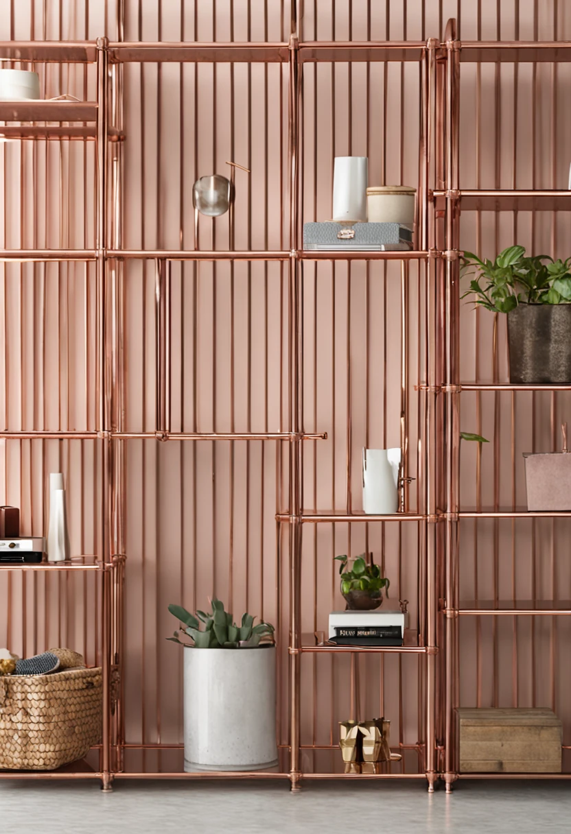 modelo de estante industrial 3 bases em metalon dois de um lado e um de outro lado, em metalon rose gold, com 7 prateleiras mdf branco