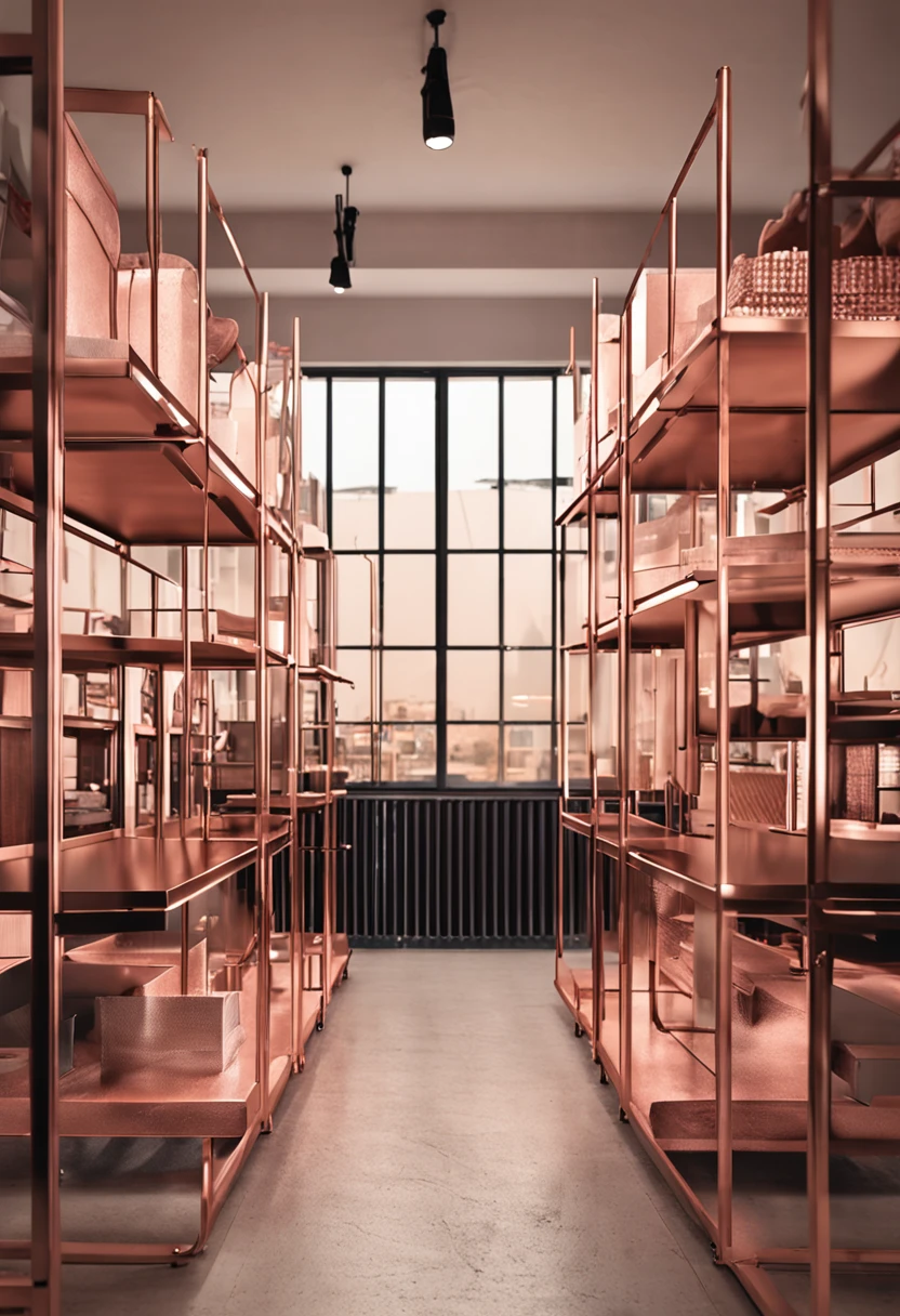 modelo de estante industrial 3 bases em metalon dois de um lado e um de outro lado, em metalon rose gold, com 7 prateleiras mdf branco