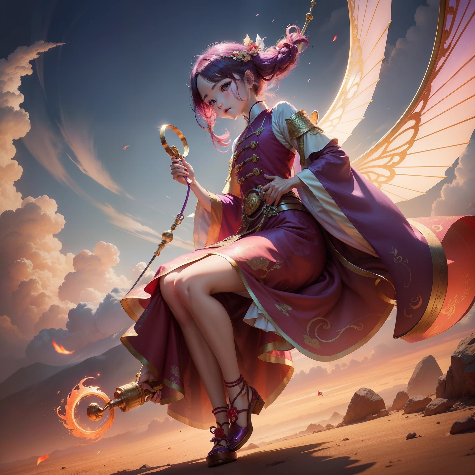 Colorful auspicious clouds under your feet，Holding a golden hoop rod in his hand，Holding the Zixia fairy in his arms。She was wearing a red dress。The clothes of the Zixia fairy are purple，Chest exposed，Long legs。