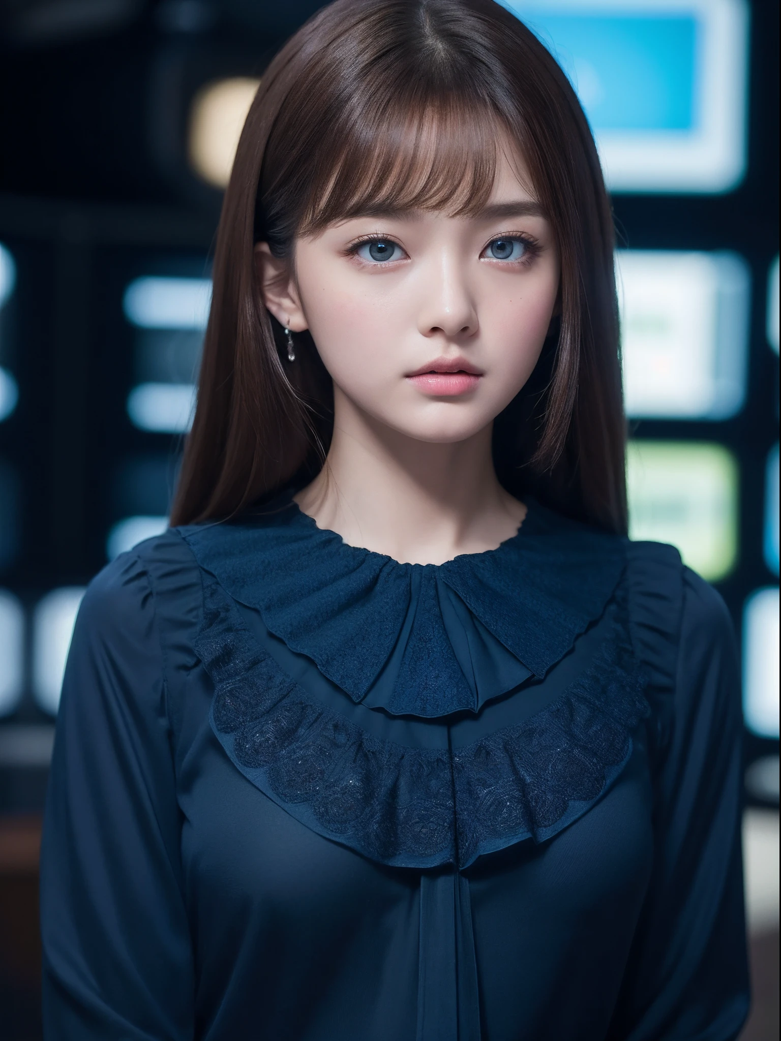 the Extremely Detailed CG Unity 8K Wallpapers、top-quality、ultra-detailliert、masterpiece、(News Studio:1.5)、Full body portrait、(Dark blue blouse:1.4), realisitic、Behind the photo、large full breasts、realisitic、Photo Real、extremely detailed cute girl、独奏、、Melancholy look, news show, Brown hair, Medium hair, out of focus、blur、