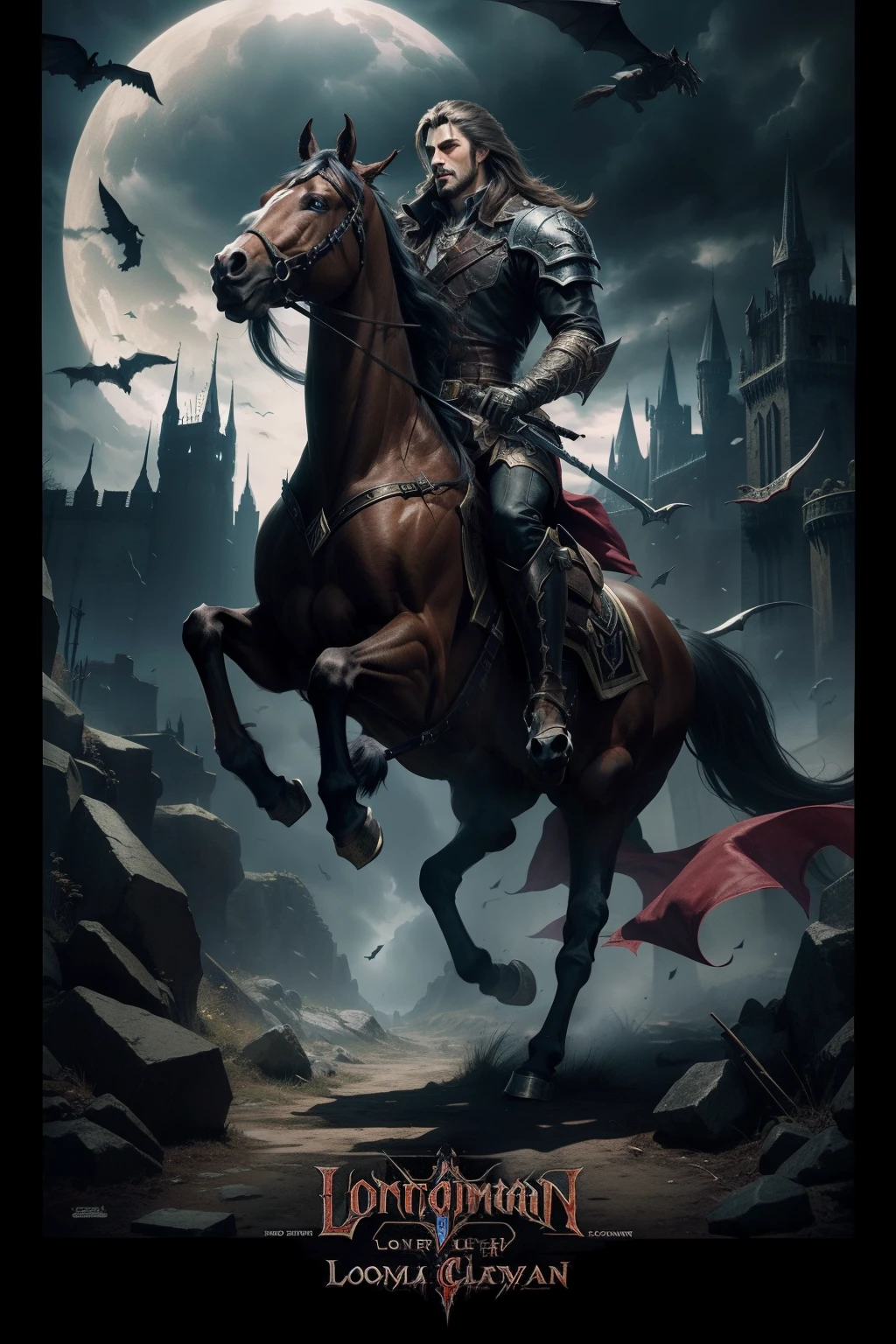 Castlevania Lord of Shadows on his legendary horse hyper realistic super detailed Dynamic poster advertising masterpiece hyper realistic