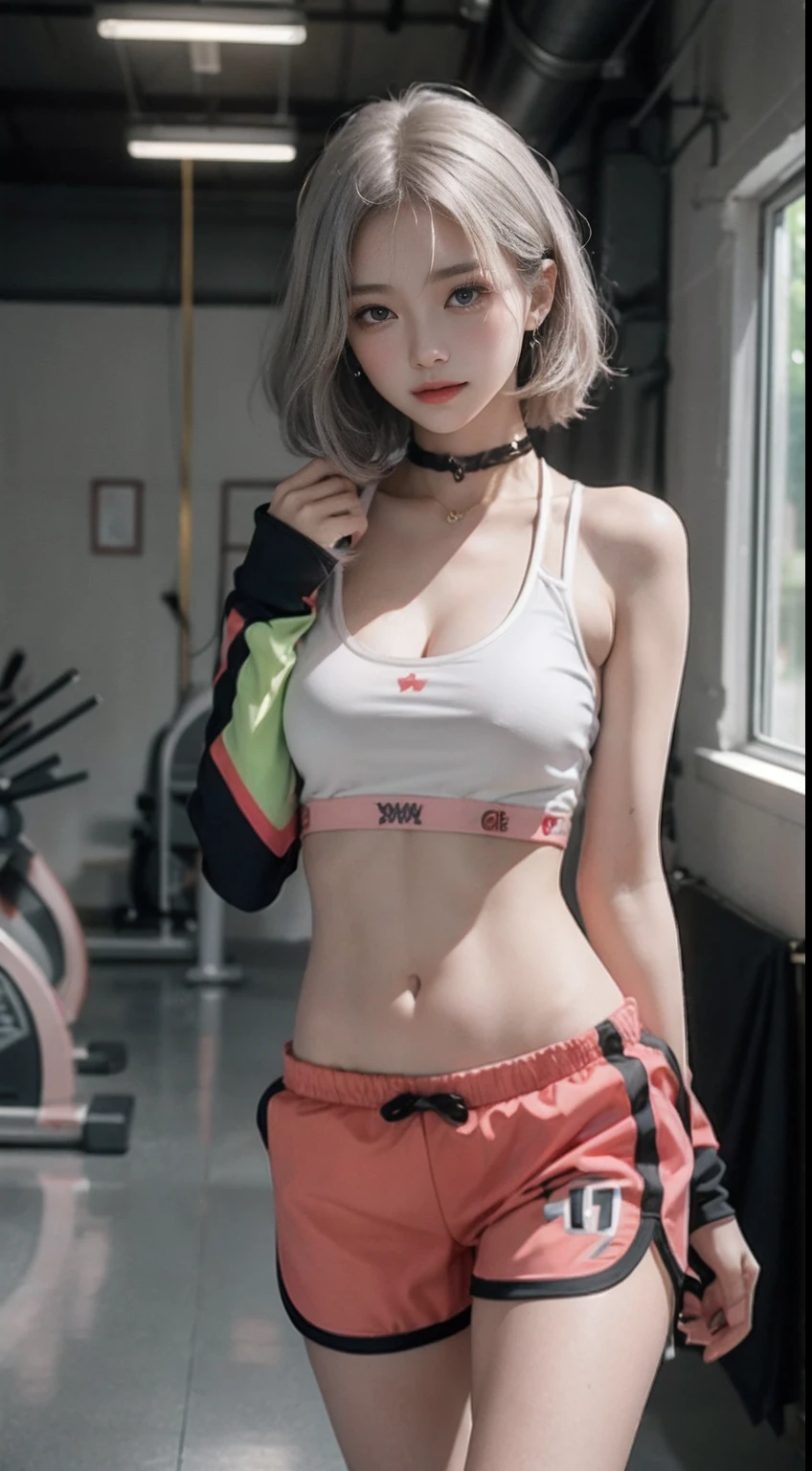 The highest image quality, RAW photogr, 超高分辨率, gently smiling, 16 years old Korean, Big breasts, cleavage, Fair skin, Shiny white skin, a short bob, Light silver hair, Neatly match with bangs, Cropped T-shirt, track suit, running shorts, beautidful eyes, beautiful eyes of random colors, Very thin lips, beautiful eyes with details, Elongated eyes, pale pink cheeks, long eyelasher, beautiful double eyelid, eye shadows, Beautiful thin legs, Beautiful navel, Beautiful abs, Beautiful ribs, Earrings, choker necklace, Training room, gym