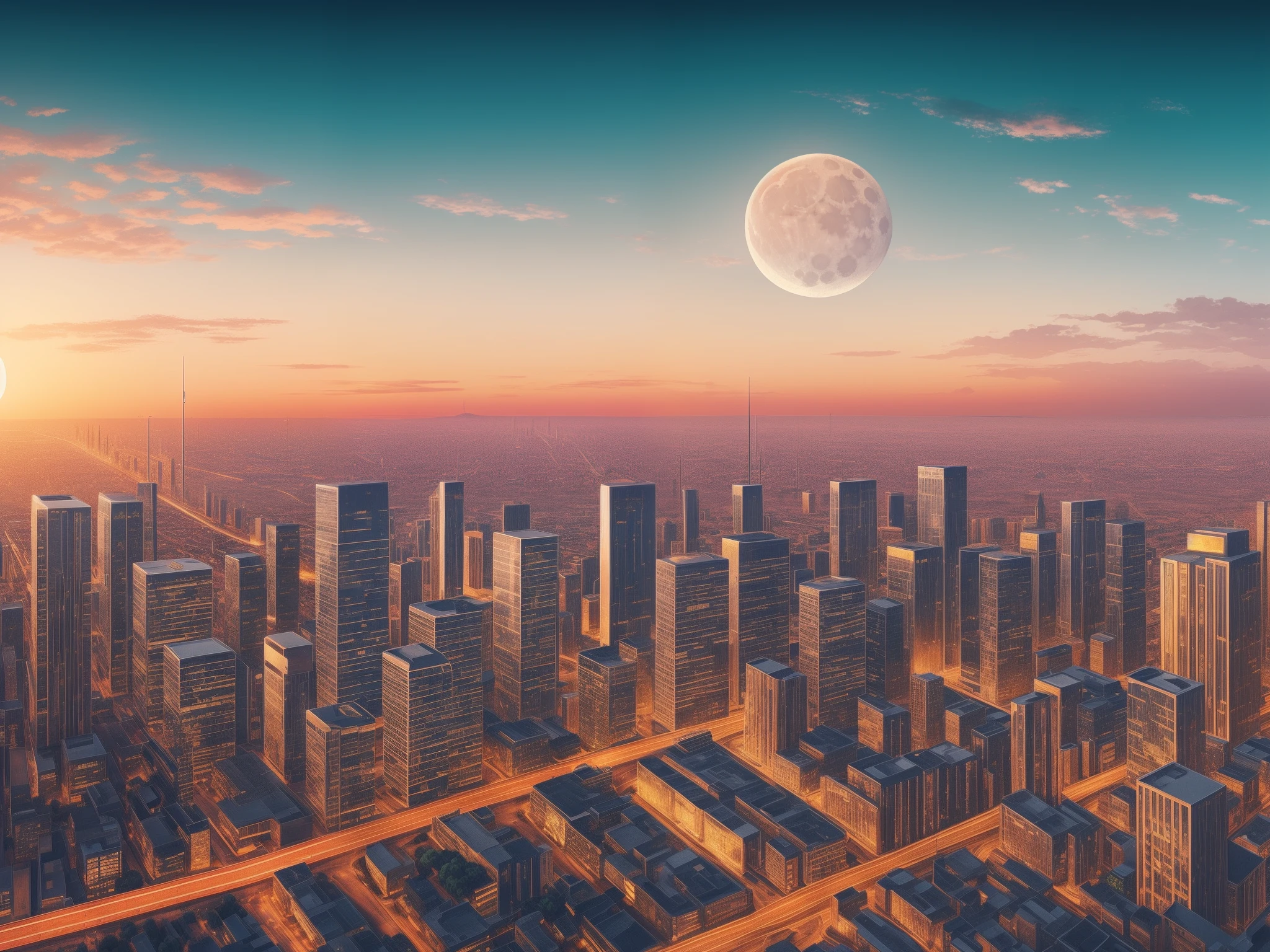 Cityscape illustration with a gigantic moon rising on the horizon, 8k, Masterpiece