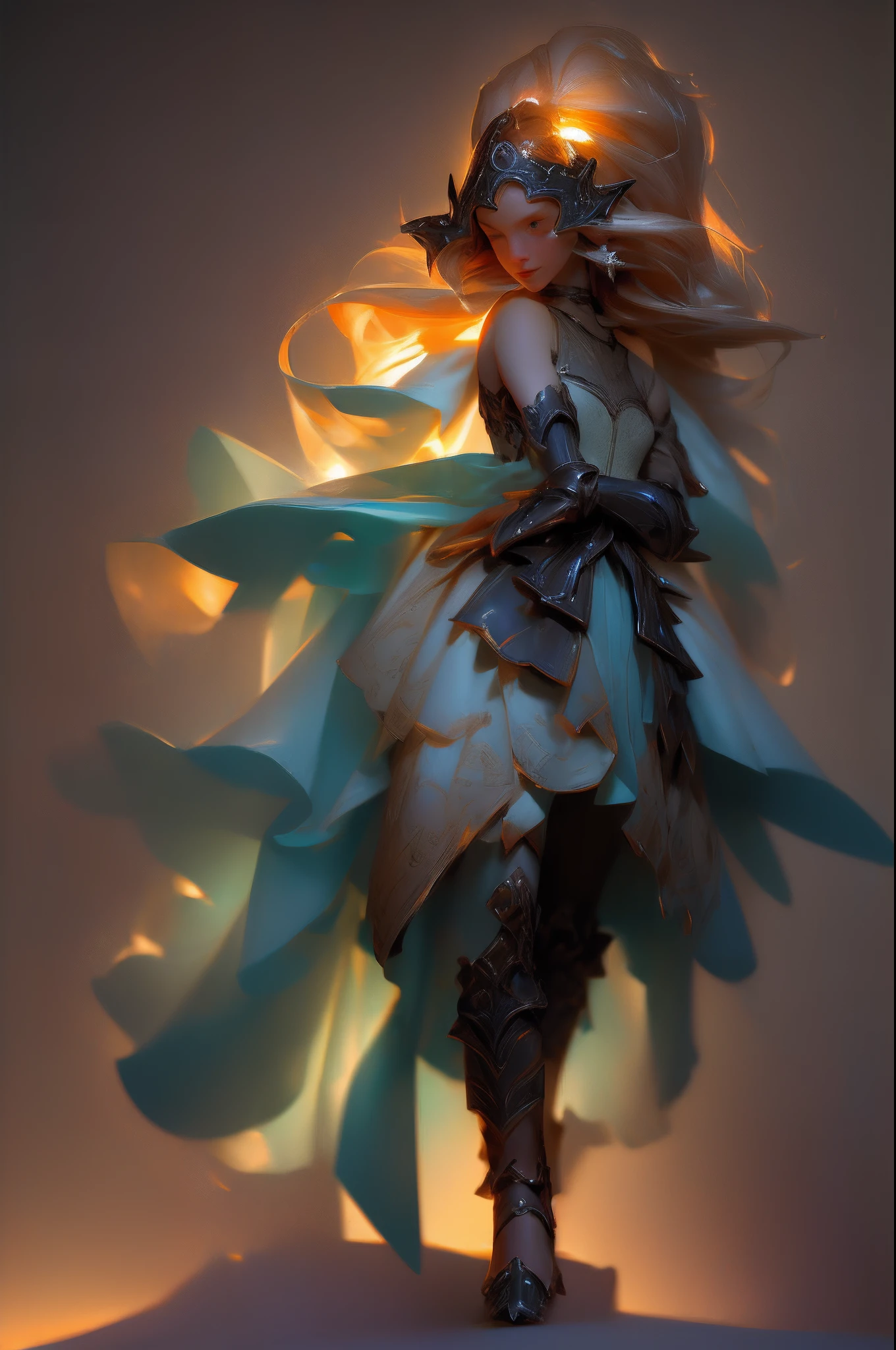 Design a layout showcase Gaming character, a Elf Knight. Golden+Purle clothes, stylish and unique. Detailed magic bow. (masterpiece:1.2), (best quality), 4k, ultra-detailed, (dynamic composition: 1.4), Step by step design, layout art,(luminous lighting, atmospheric lighting), Final Fantasy style, magical, ((glove full hands)), fran, viera, helmet, revealing clothes, vambraces, armored legwear, high heels