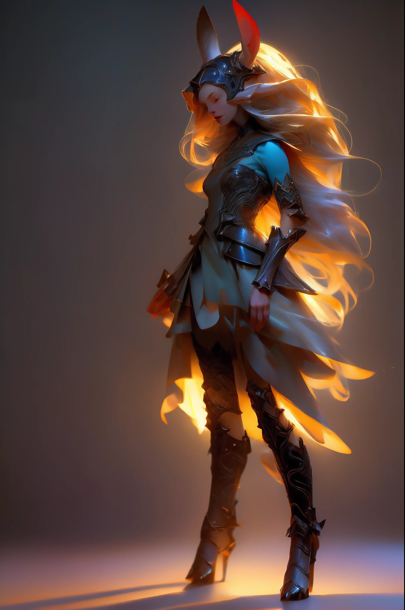 Design a layout showcase Gaming character, a Elf Knight. Golden+Purle clothes, stylish and unique. Detailed magic bow. (masterpiece:1.2), (best quality), 4k, ultra-detailed, (dynamic composition: 1.4), Step by step design, layout art,(luminous lighting, atmospheric lighting), Final Fantasy style, magical, ((glove full hands)), fran, viera, helmet, revealing clothes, vambraces, armored legwear, high heels