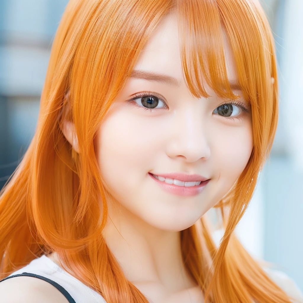 Cute girl, orange hair,cute smile, realistic, ultra detail,70mm lens
