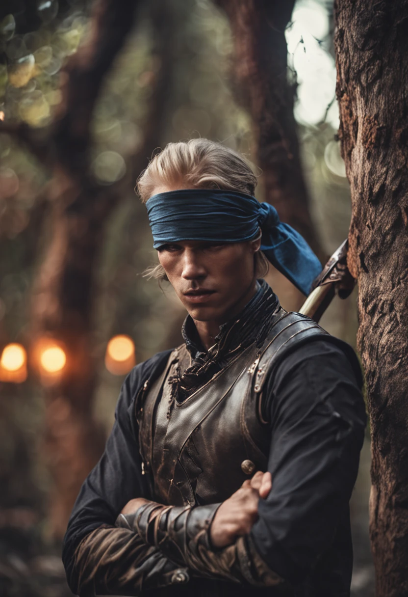 Handsome blindfolded swordsman youth (1 blindfolded man),(the dark forest),(Cute ragdoll on top of head),Dark stage,