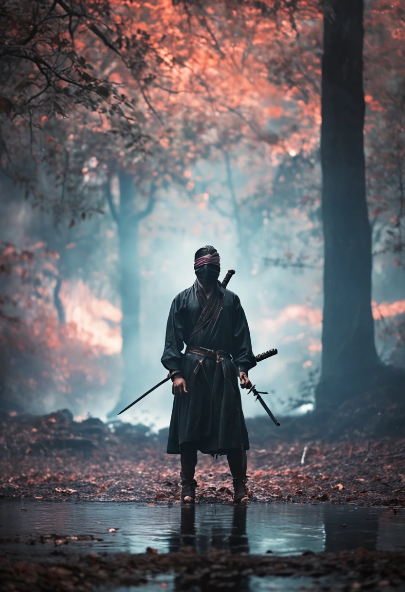 Handsome blindfolded swordsman youth (1 blindfolded man)，(the dark forest)，(Cute ragdoll on top of head)，Dark stage,