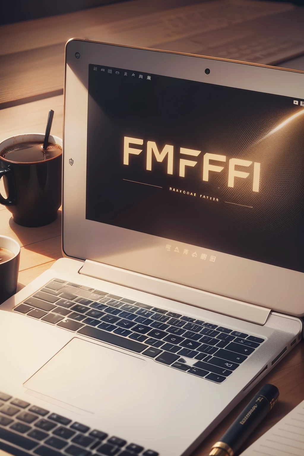 Create a logo illustration for me. In the foreground are the letters "F" pa " m" . In the background is an open laptop and coffee in a gold mug . On the laptop screen, there are also the letters F and M. Calligraphic.真实感, Highly artistic , for an avatar on Instagram