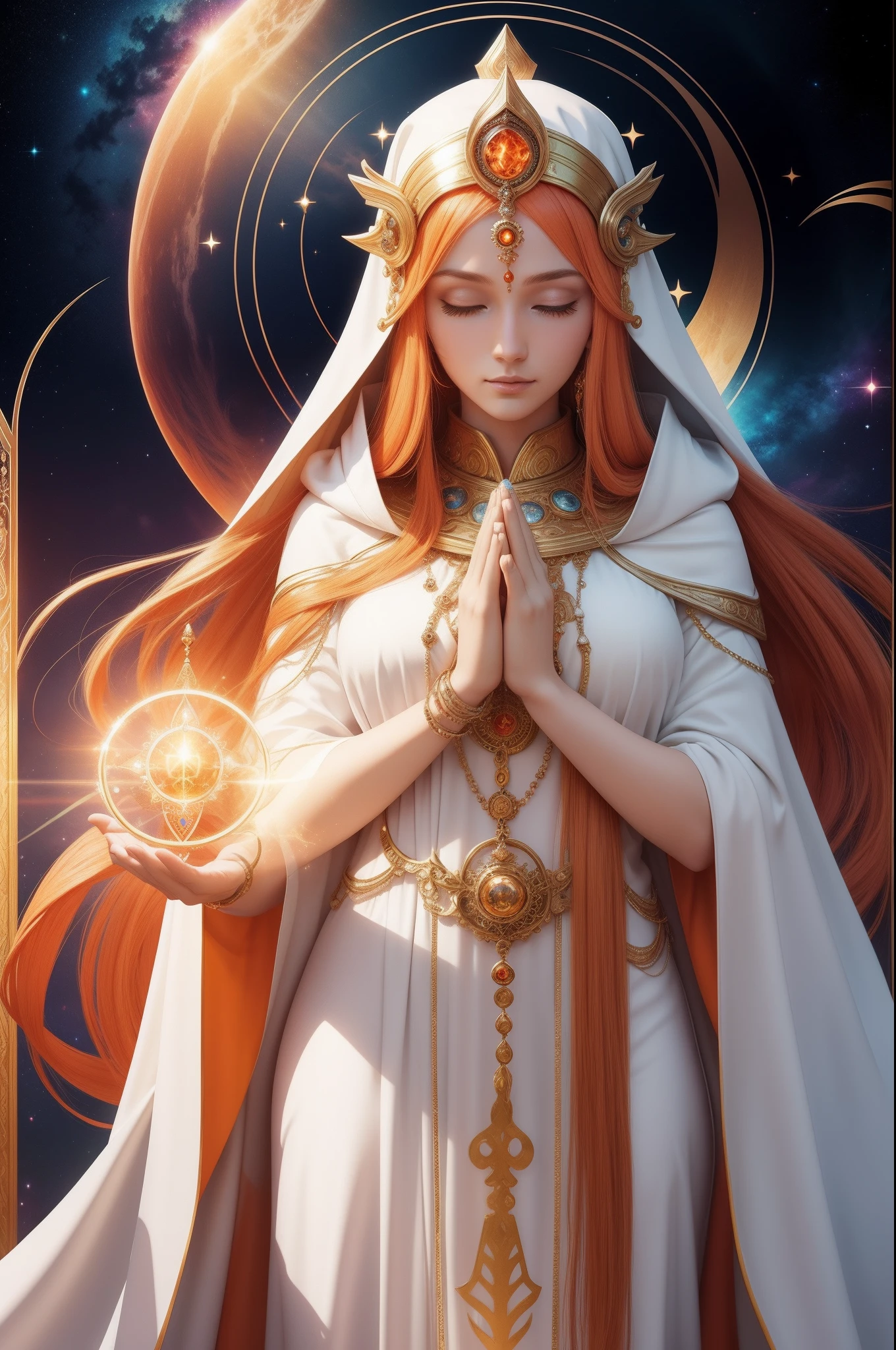 saintly goddess of the cosmos with very long orange hair with hands are in prayer position and chakras glowing with spiritual jewellery also wearing a white hood cloak and is pure hearted with soft features and also a cyborg in 5k resolution with fine details, spiritual, celestrial, magical, ethreal, from the pleidan star system planet, brown eyes, rainbow colours in the background.