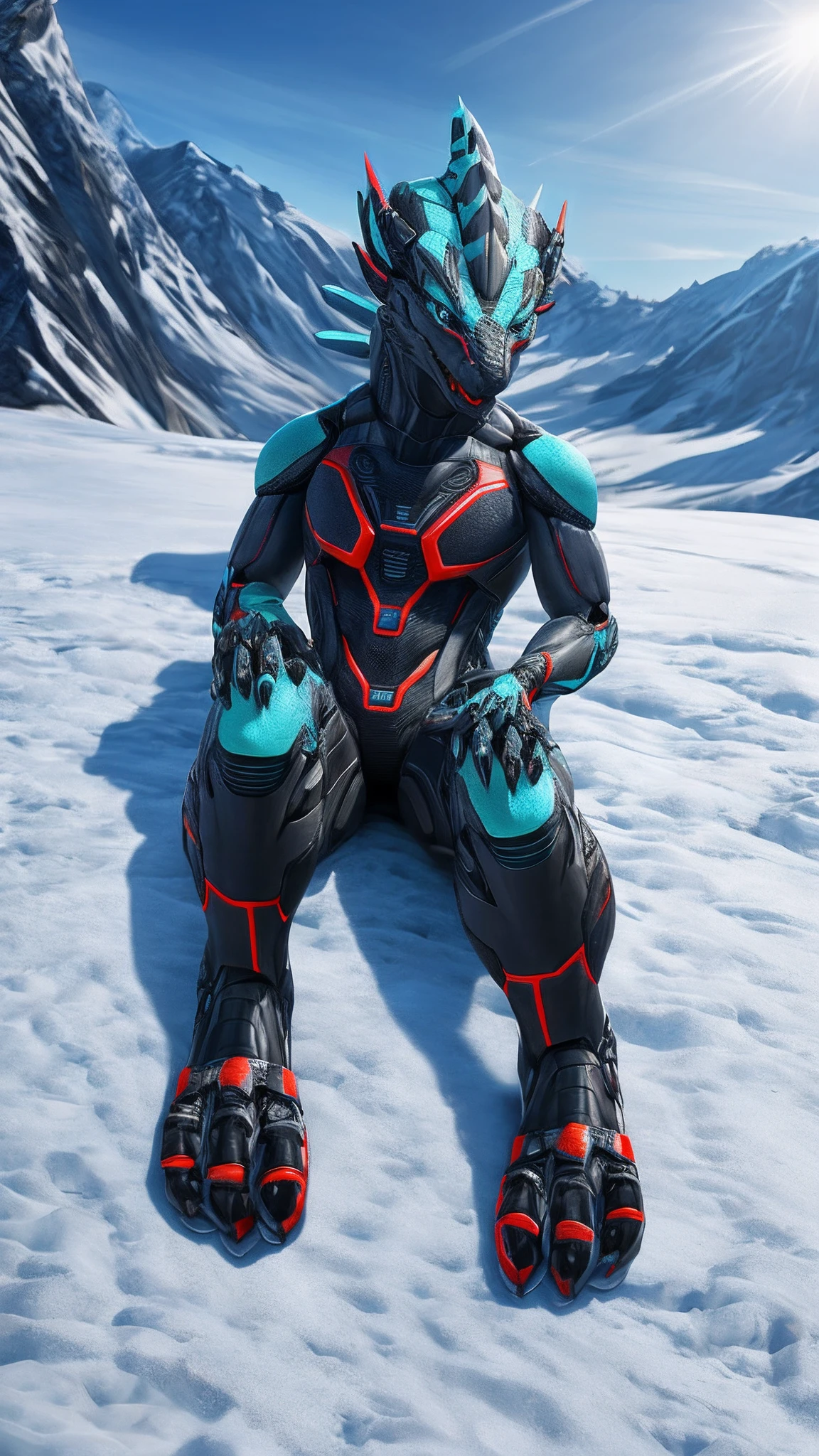 Bionic robot dragon,female,Android,Red Lingeri,sandals,Lying on the snow,HD graphics,Detailed and realistic,high detal,high qulity,photo-realistic,photorealistic eye,Detailed paws,Clear eyes,Masterpiece artwork,Five-fingered hands,top-quality,32k,hyper HD